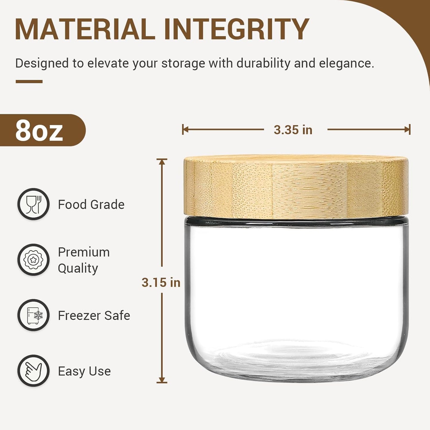 NETANY 4-pack 8oz Glass jars with Airtight Lids, Overnight Oats Containers with Bamboo Lids, Wide mouth Mason Salad jars, Glass Food Storage Containers for Snacks Yogurt Spice Sugar