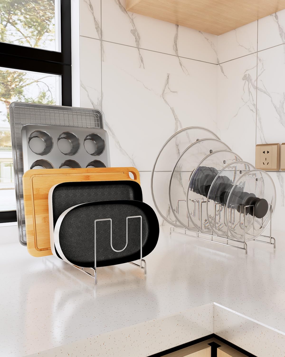 YQh 2 pack, pot cover rack, cutting board rack, kitchen cabinet or counter baking tray storage box, suitable for baking tray, cutting board, Frying pan, tray, reusable containers and covers