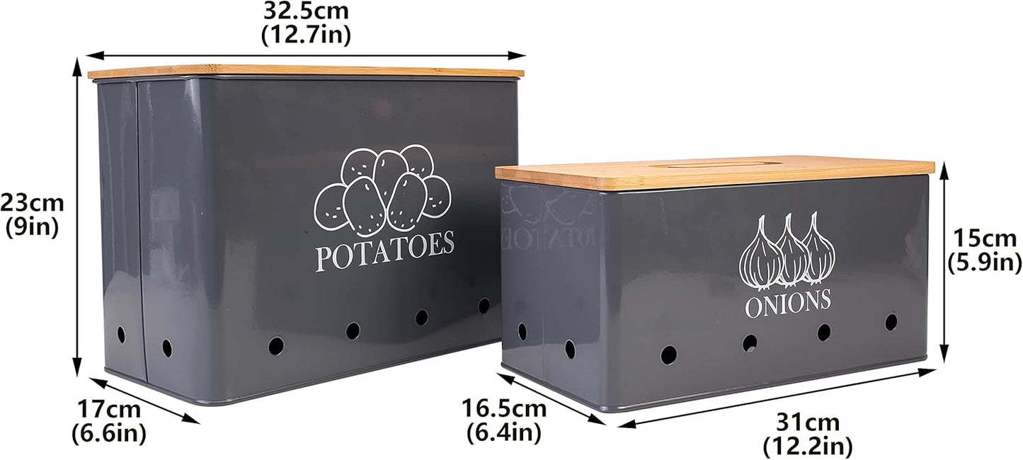 Potato Onion Storage Box, Food Container Sets, Storage Canisters for Vegeatables, Set of 2 Jars Pots Containers, Potato & Onion Bin with Aerating Tin Storage Holes & Bamboo Lid-Gray