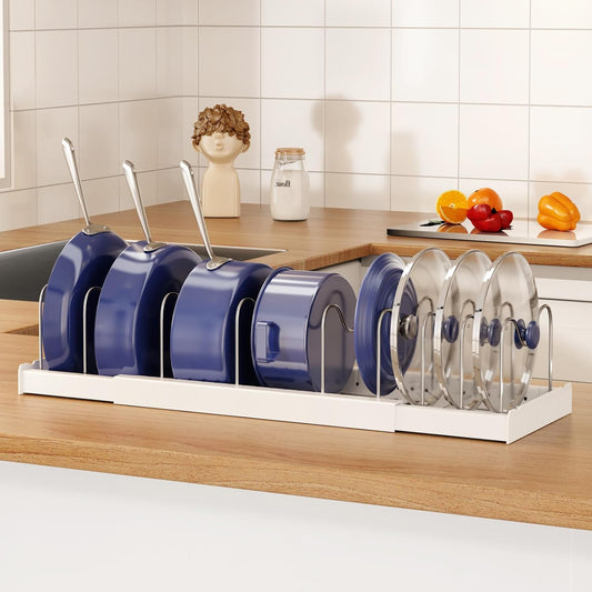 Expandable Food Storage Container Lid Organizers, 22" Pots and Pans Organizer Under Cabinet with 9 Adjustable Dividers Pot and Pan Lid Holders Rack Inside Cabinet(White,1 Pack)