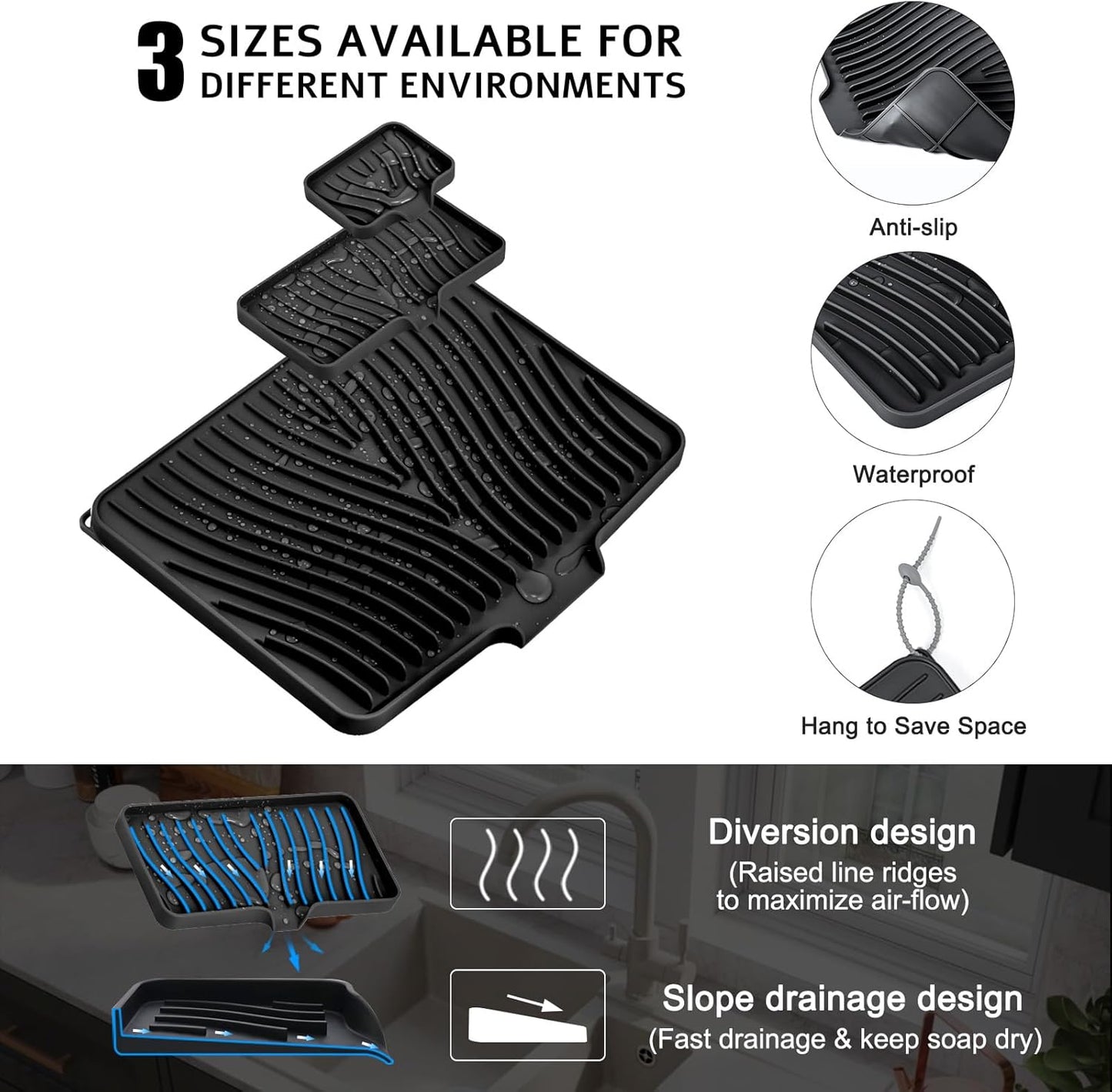 Silicone Dish Drying Mat for Kitchen Counter, Dish Drying Pad, Non-Slip Drain Pad with Built-in Drain, Heat Resistant Stone Drying Mat, 3 pcs (Black)