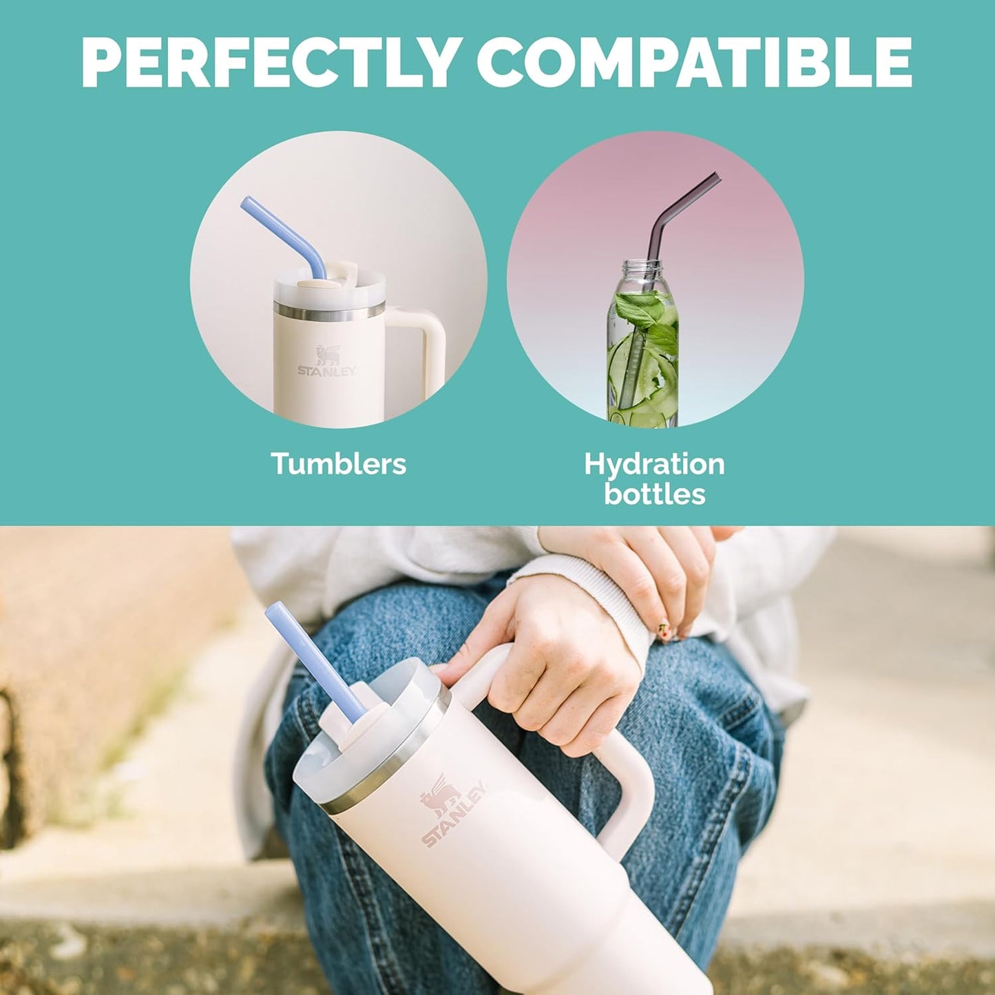 Simply Straws 12 Inch Glass Straws Straight (6-Pack) – Reusable Glass Straws for Stanley 40 Oz Tumbler, with Cleaning Brush – Durable, Dishwasher Safe, Hot & Cold Use, BPA-Free (Fjord Mist)