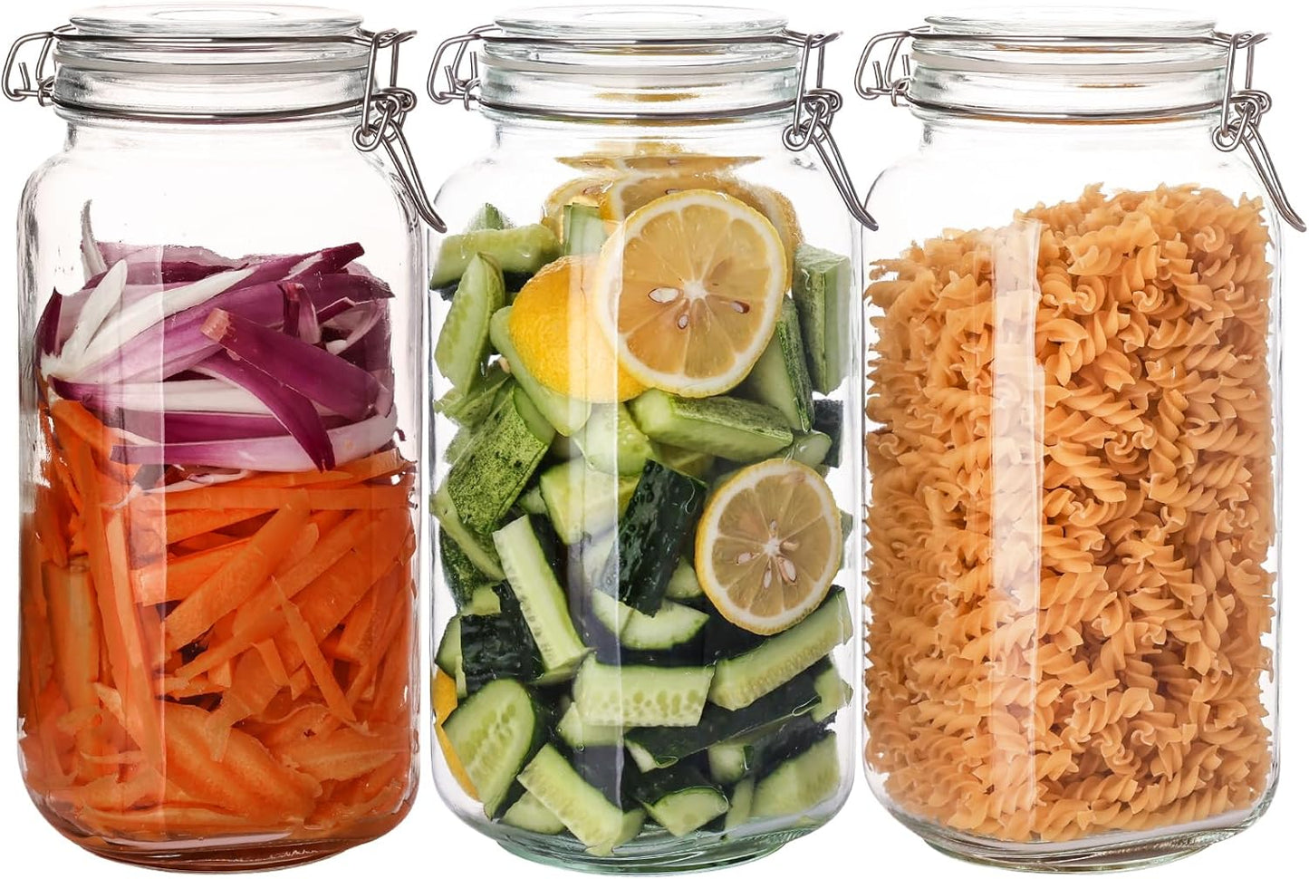 78oz Glass Food Storage Jars with Airtight Clamp Lids, 3 Pack Wide Mouth Large Kitchen Canisters for Flour, Cereal, Beans, Pasta and Canning, Square Mason Jar with Labels