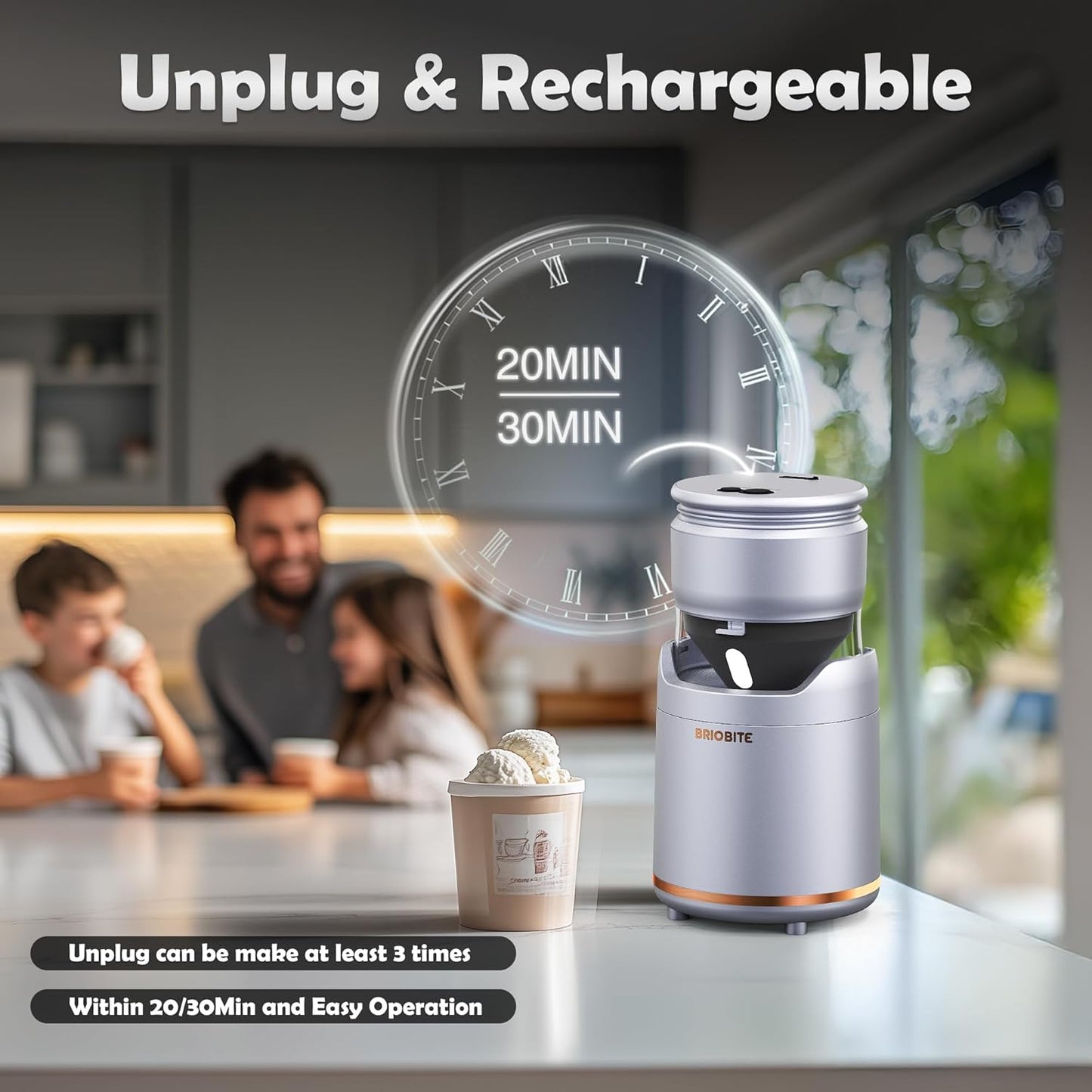 Ice Cream Maker Machine – Premium Electric Mini Maker Machine with Low-Noise Operation, Rechargeable,Perfect for Gelato, Sorbet & Frozen Yogurt, Easy to Clean,Silver