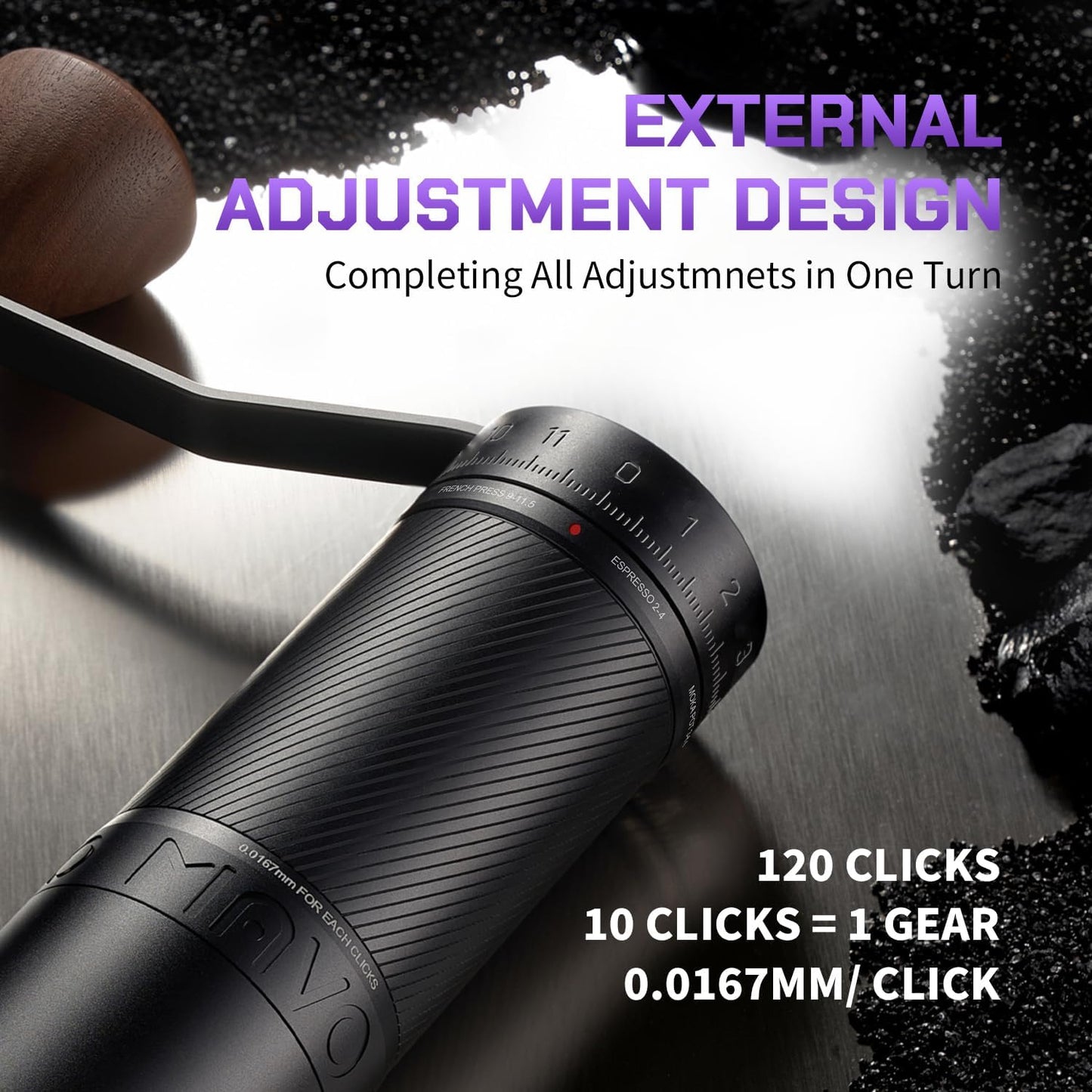 MAVO Manual Coffee Grinder, Phantox Pro Burr Coffee Grinder, Professional 45mm Stainless Steel Grinding Core, Capacity 30g, 120 Clicks Adjustment, Hand Coffee Grinder for Espresso, Pour Over, Silver