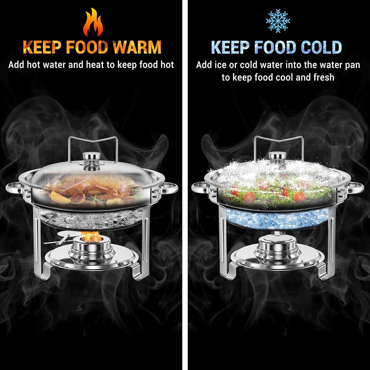 Round Chafing Dishes for Buffet 5 Qt,High Grade Chafing Dish Buffet Set with Stainless Steel Lid & Lid Holder,Full Size Pan,Food Warmers for Parties,Buffet,Wedding, Birthday 4 Pack (Silver)