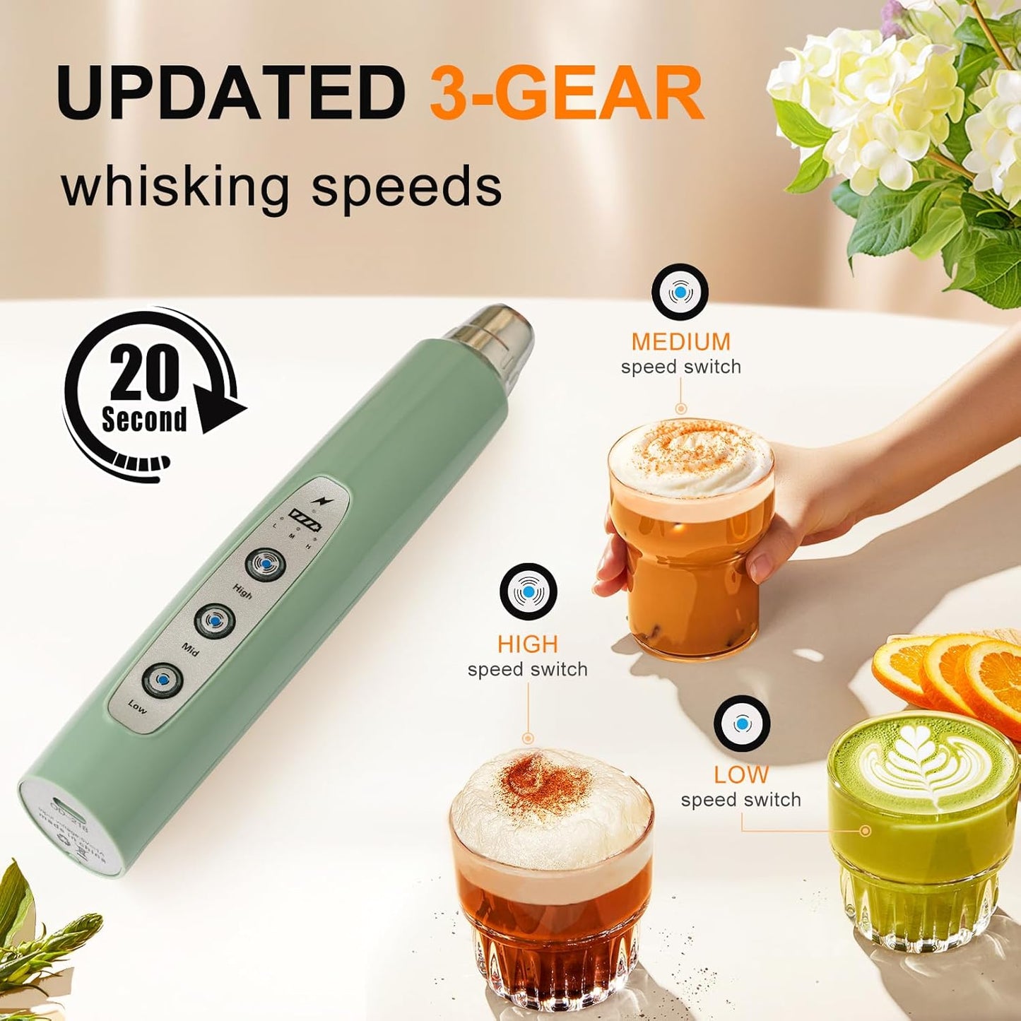 YUSWKO Granite Green Handheld Milk Frother Wand for Coffee, Rechargeable Electric Whisk with 3 Heads 3 Speeds Drink Mixer Coffee Frother For Latte, Cappuccino, Hot Chocolate, Egg