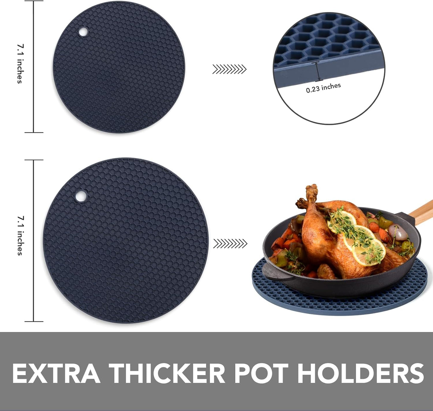 Joyhalo Trivets for Hot Dishes - Hot Pads for Kitchen, Silicone Pot Holders for Hot Pots and Pans, Silicone Mats for Kitchen Countertops, Table, Flexible Easy to Wash and Dry, Navy