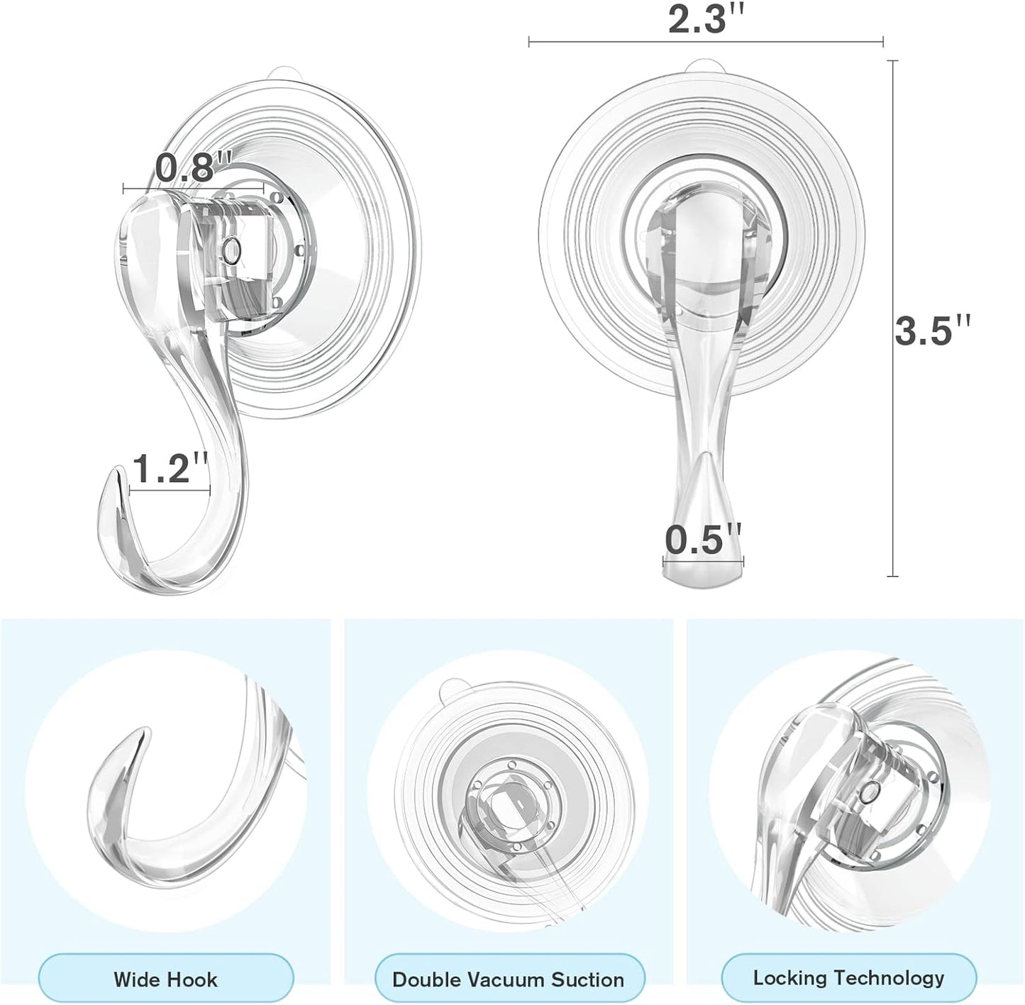 VIS'V Suction Cup Hooks, Small Shower Suction Hooks with Wipes, Heavy Duty, Removable and Reusable, Clear, 4 Pcs