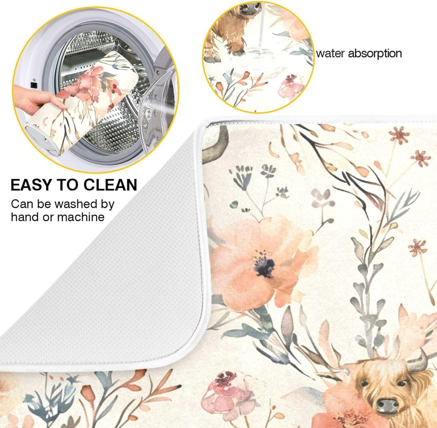 Cute Highland Cows Flowers Dish Drying Mat for Kitchen Counter Absorbent Microfiber Drying Pad, Large 18x24 in, Reversible Drainer Mats