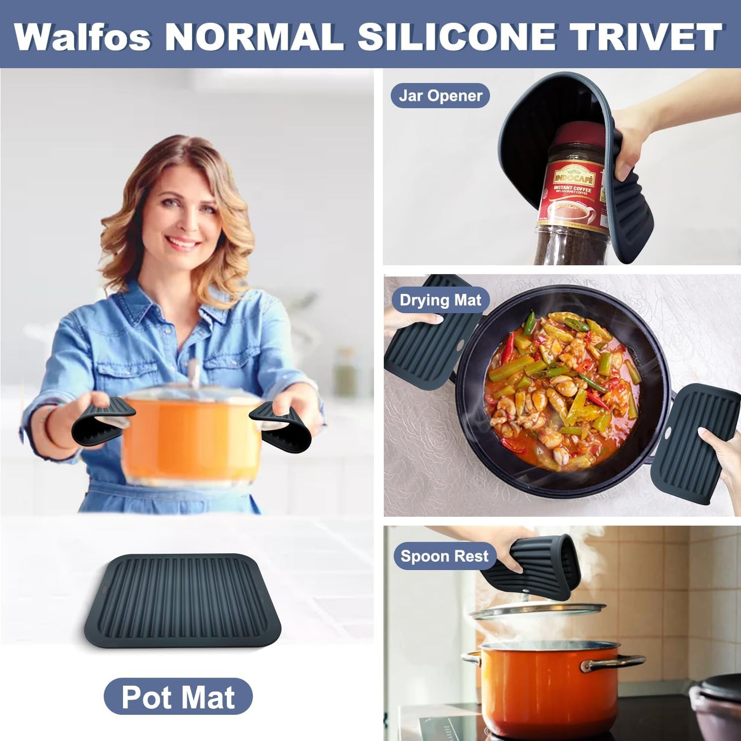 Walfos XXL Silicone Trivet 16 Inch and Trivets Mats 12 Inch, Trivets for Hot Pots and Pans, Heat Resistant Pot Holders Hot Pads for Kitchen Quartz Countertops, Hot Dishes, 3 Pack