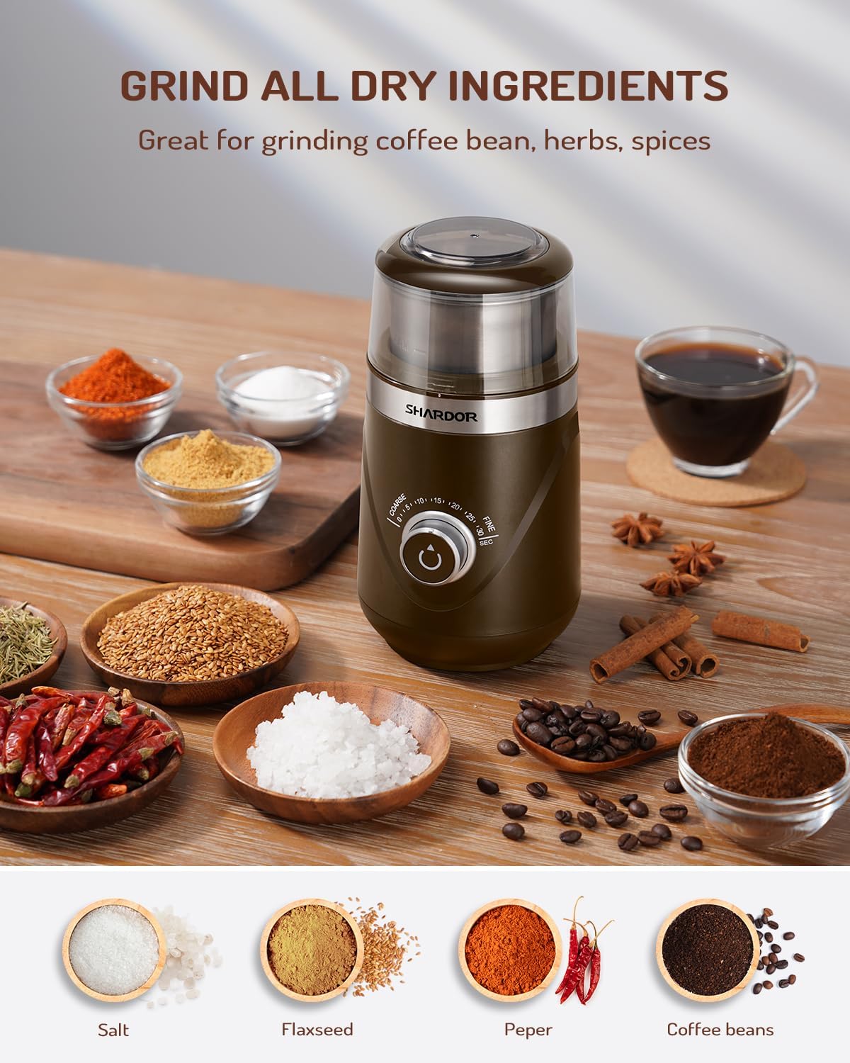 SHARDOR Electric Super Silent Blade Coffee Grinder, Timed Grind Control Rotary Knob, Adjustable Coarse to Fine for Coffee Beans, Spices & Herbs, with 1 Removable Stainless Steel Bowl, Brown
