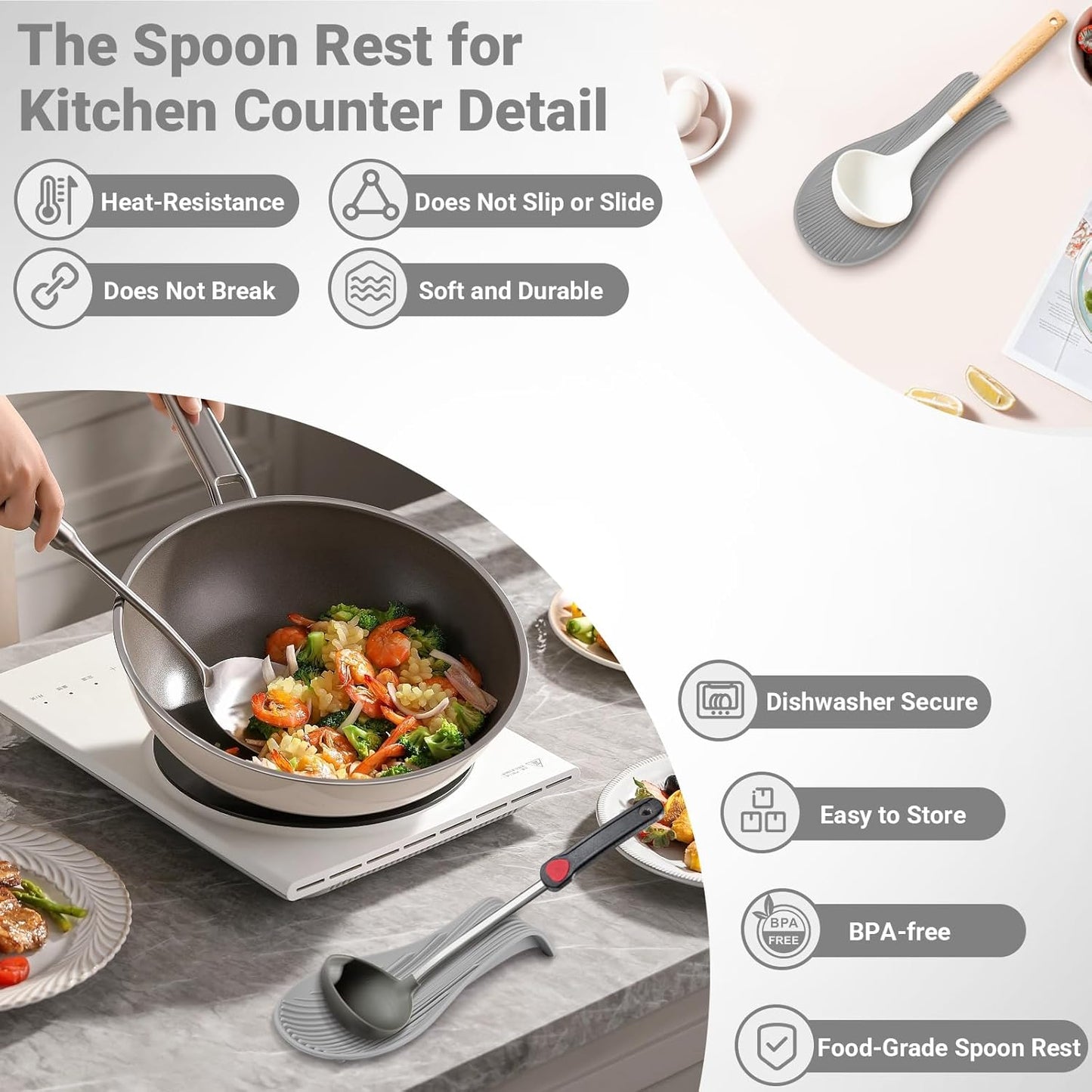 Heat Resistant Silicone Spoon Rest, Non-Slip Spoon Holder for Kitchen Counter, Silicone Spoon Rest for Stove Top for Spoons, Spatulas, Ladles, Tongs (Dark Gray)