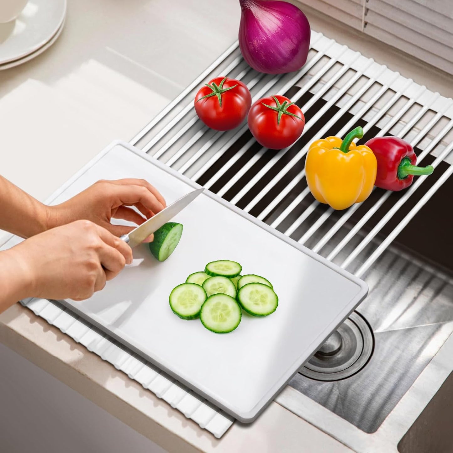 Roll Up Dish Drying Rack Over The Sink Kitchen Roll Up Sink Drying Rack Multipurpose Foldable Sink Drying Mat, Heat-Resistant, Anti-Slip & Anti-Rust Dish Rack for Kitchen, 17" x 13", White