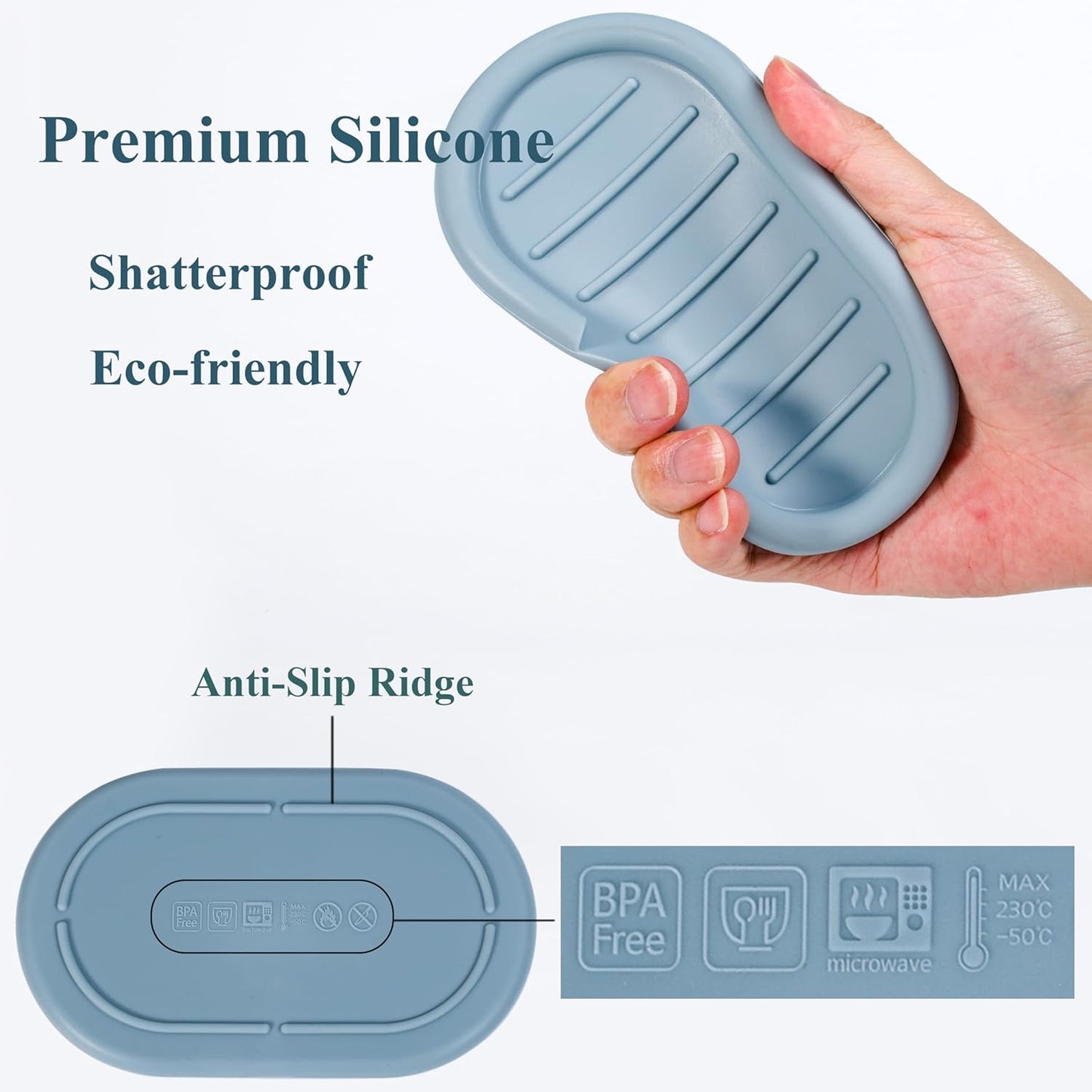 Self-Draining Oval-Shaped Silicone Soap Dish, Soap Holder/Tray/Saver for Shower, Bathroom, Kitchen, Keep Soap Dry, Easy to Clean (2, Light Color)