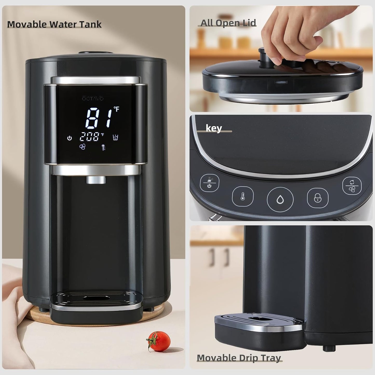 OCTAVO Water Boiler & Warmer 5 Liter, 304 Stainless Steel Water Tank, 700 Watt 6 Adjustable Water Temperature, LCD Touch Control Screen, Child Lock with Water Shortage Indicator