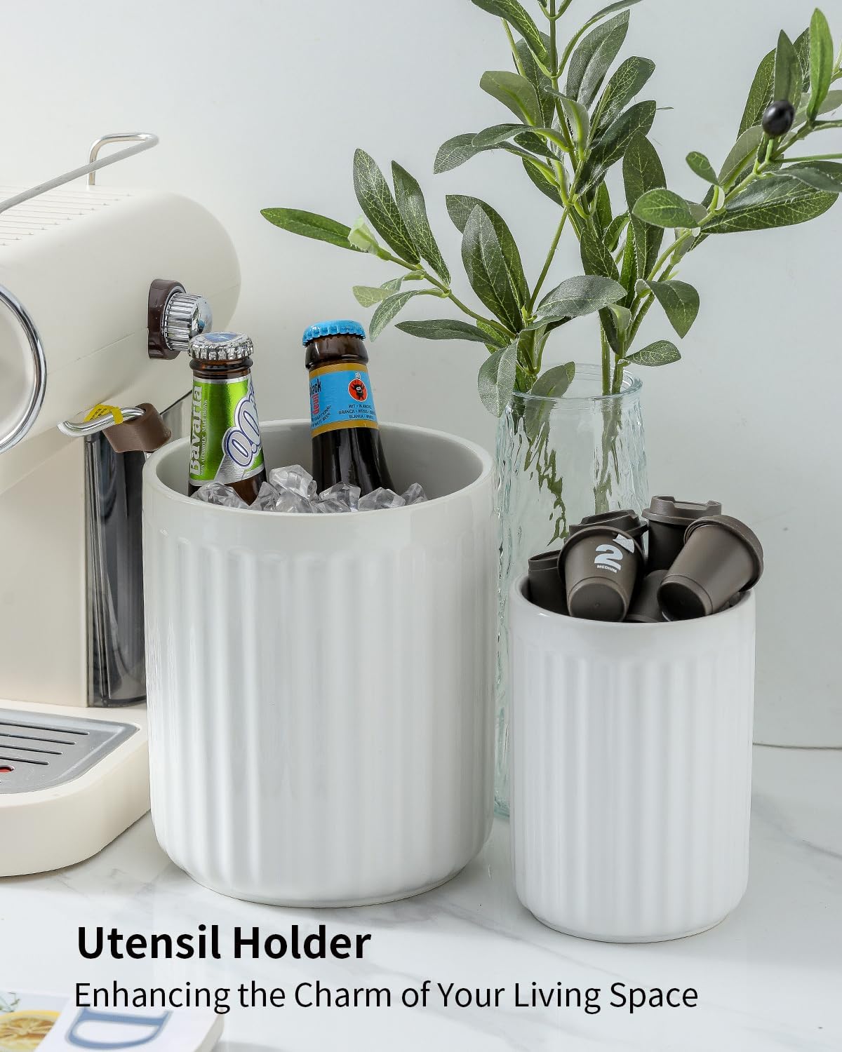 Hasense Utensil Holder Set of 2, 7.3" + 5.7" Farmhouse Utensil Holder for Kitchen Countertop, Stable Ceramic Utensil Crock for Christmas & Housewarming Gift, Spatula Holder for Counter, White