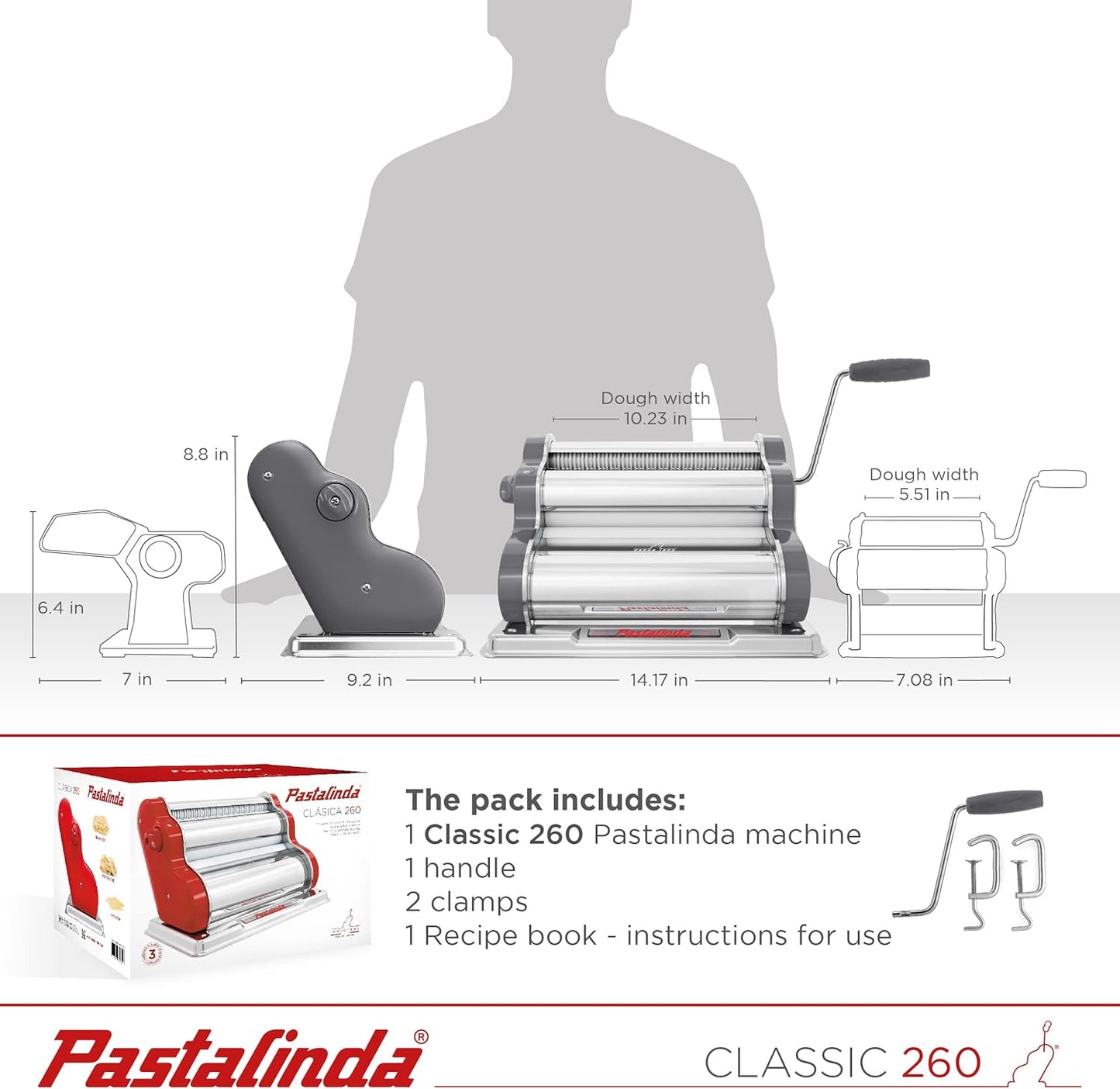 PASTALINDA Classic 260 Pasta Maker Machine, 26 cm Wide Rollers, 9 Thickness Positions, 2 Cutting Positions, Stainless Steel. Includes Reinforced Hand Crank And Two Clamps (Gray)