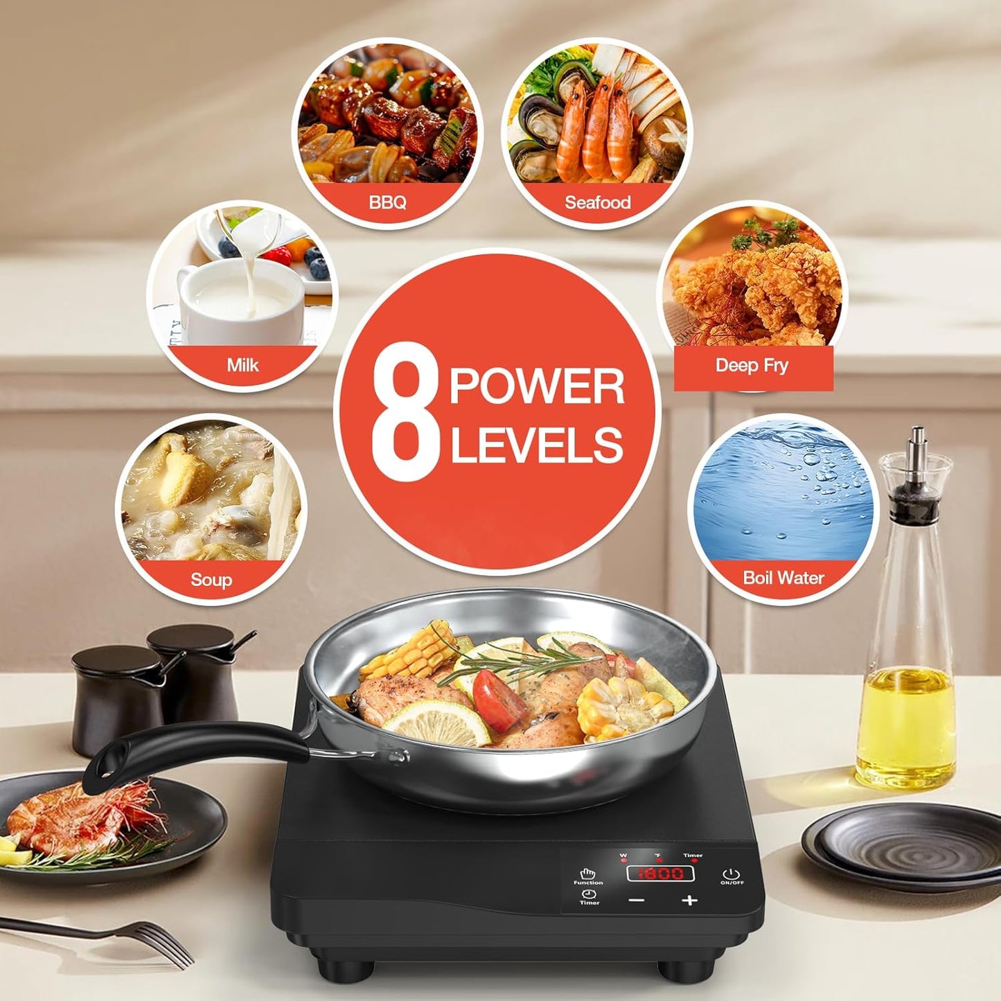 Induction Cooktop,1800W Portable Induction Burner & 10 Inch Fry Pan,110V-120V Hot Plate for Home, Electric Cooktop with 8 Power & 8 Temperature Levels,Timer