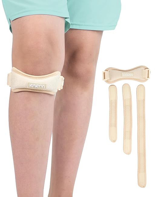 KARM Kids Knee Brace Strap - Osgood Schlatter Knee Brace Youth for Kids, Child - Patellar Tendon Support Patella Band for Pain, Sports, Basketball with 3 Length Adjustable Straps (Single, Beige)