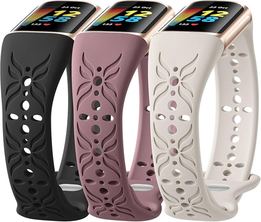 Maledan Slim Engraved Band Compatible for Fitbit Charge 6/Charge 5 Bands Women Men, Elegant Hollow-out Pattern Bracelet Strap Loops Wristbands for Fitbit Charge 5/Charge 6 Fitness Tracker Accessories