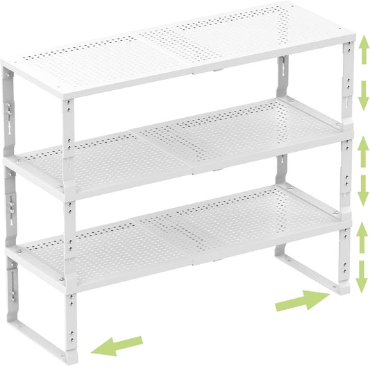 Heavy-Duty Adjustable Metal Shelf Organizer - Expandable & Stackable Pantry Storage Rack for Kitchen, Bathroom, RV, Cabinets(3 Packs/White,Medium)