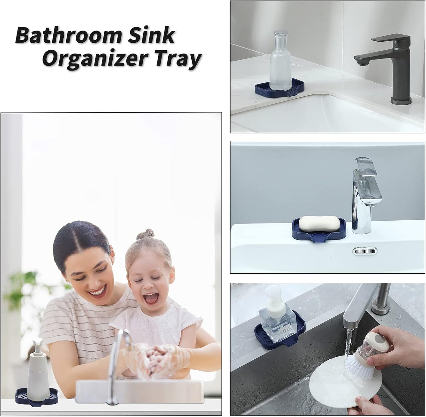 Silicone Bathroom Soap Dishes with Drain Spout-Kitchen Sink Organizer,Sponge Holder,Dish Soap Tray,Perfect for Dispenser,Scrubber,Bottle,Cup on Sink or Counter-Navy Blue 4.9"×3.2"