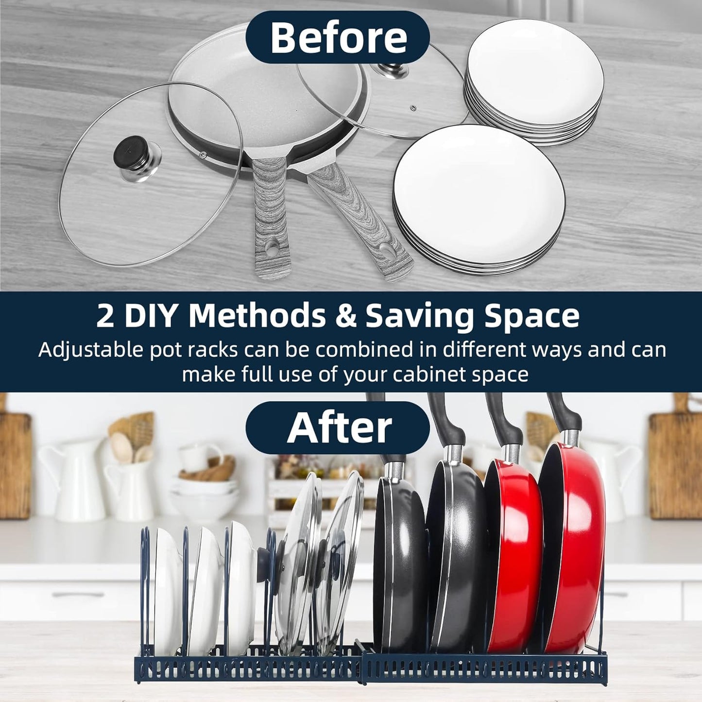 ROOHUA Expandable Pot and Pan Organizer - Cabinet Pot Lid Holder with 10 Adjustable Compartments for Cookware, Baking, Frying (Dark Blue, 10)