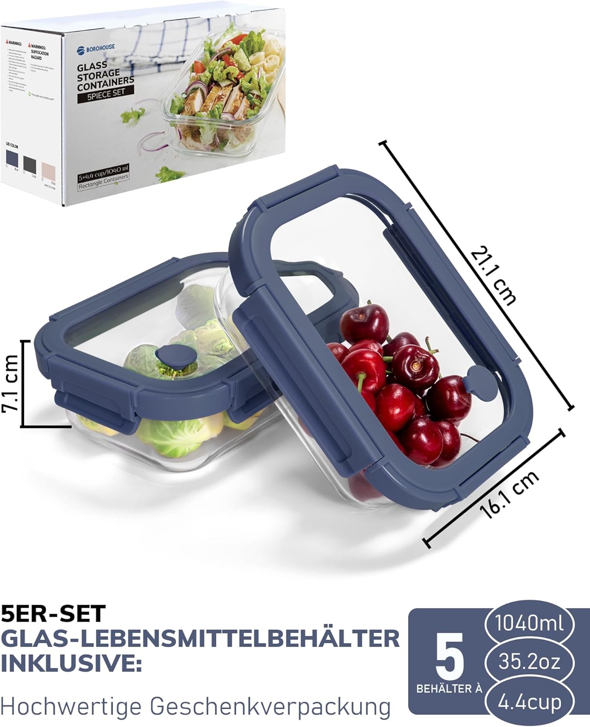 5-Pack Borosilicate Glass Containers with Tempered Lids, 35.2oz/4.4 Cup Airtight Meal Prep Set, Microwave/Freezer Safe (Blue)