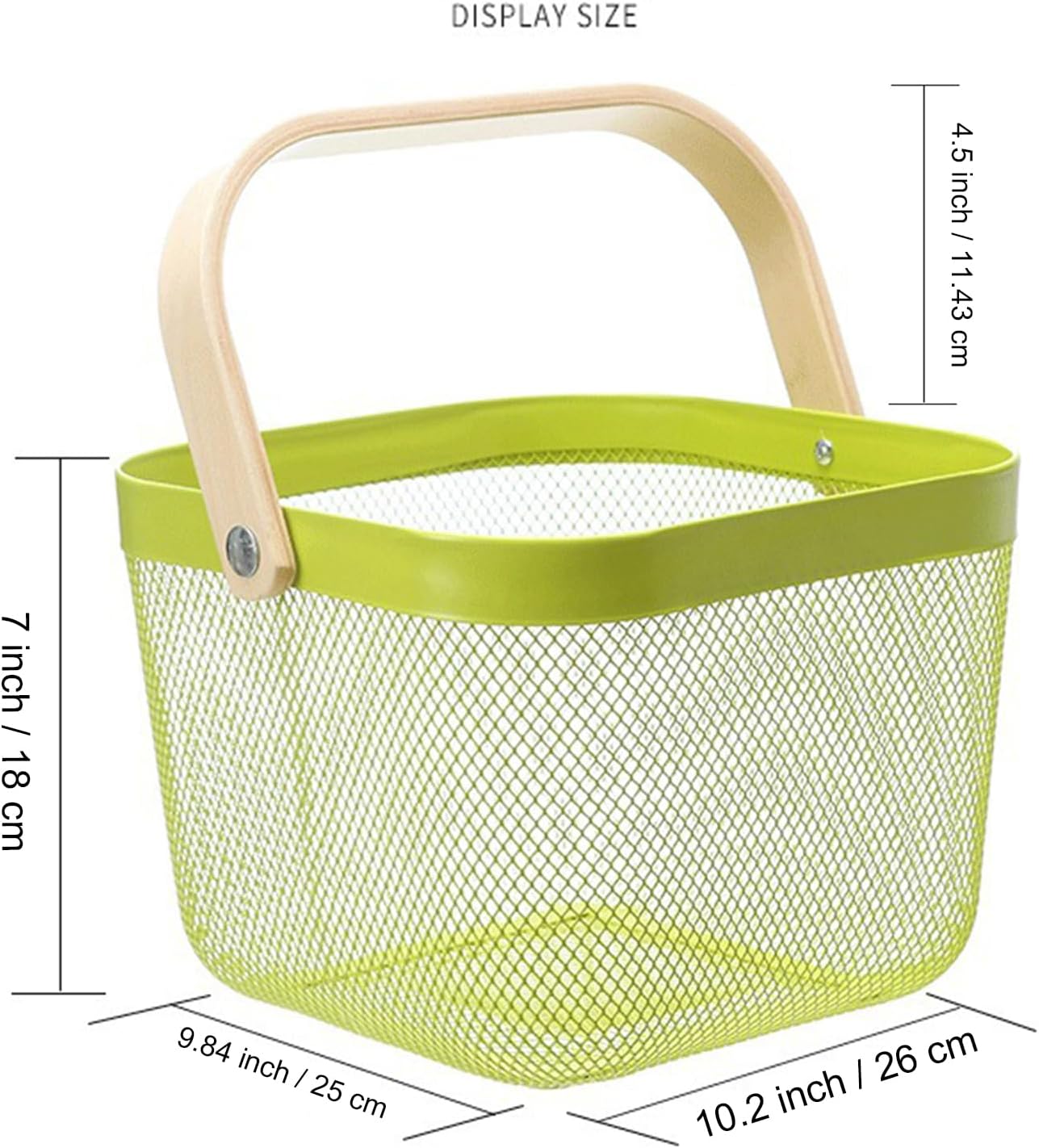 Metal Mesh Steel Basket, Storage Organizer Basket Multi-functional Hanging Kitchen Baskets Fruit Basket with Wooden Handle for Kitchen Bathroom Picnic Shopping Decor Cabinet Home, Macaron Green