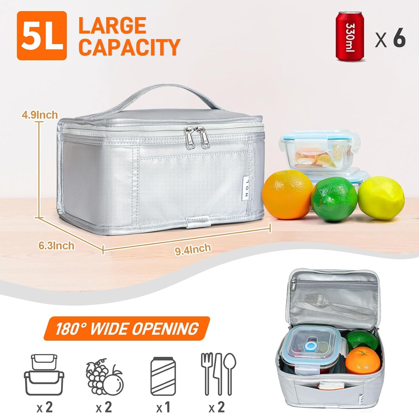 NOL Natural Organic Lifestyle Small Lunch Bag Mini Lunch Box Insulated Lunch Bag for Men/Women Leakproof Cooler Tote Bag Lightweight Nylon Waterproof Lunch Box For Work, Silver