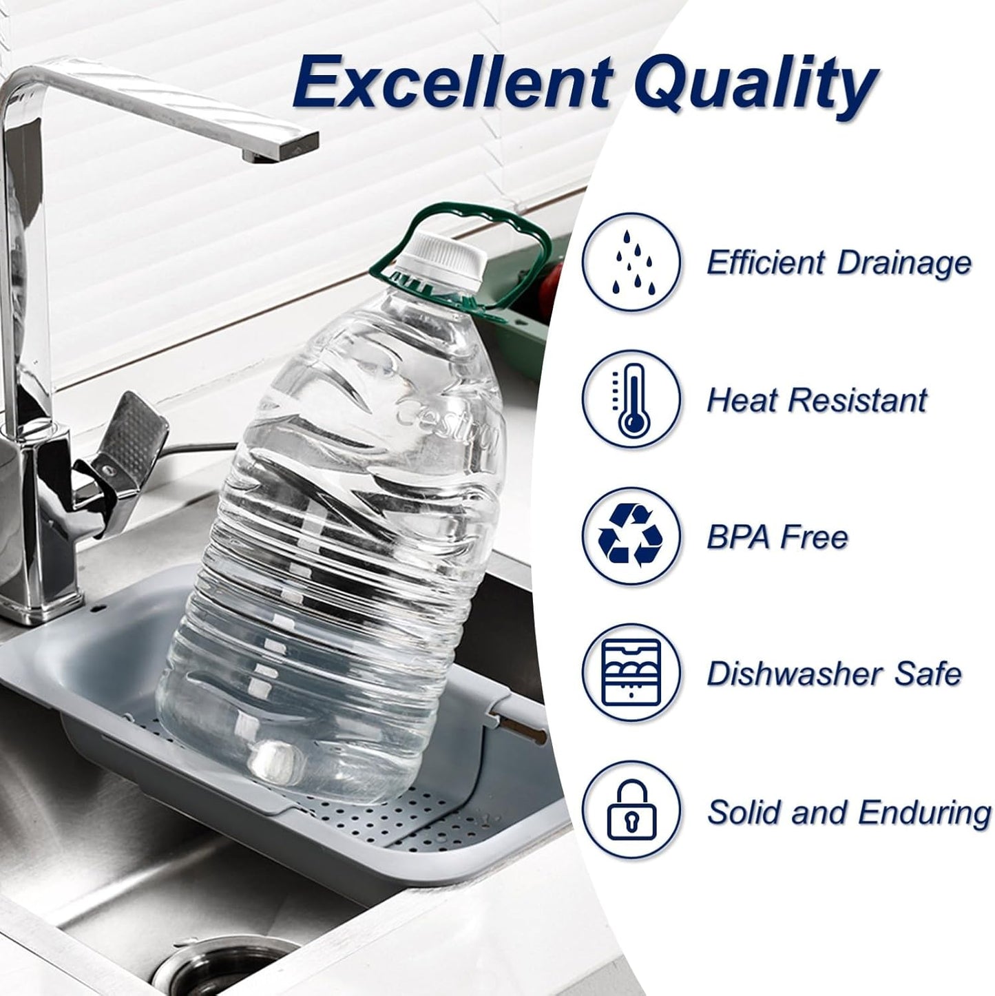 Extendable Sink Colander Strainer Basket - Wash Vegetables and Fruits, Drain Cooked Pasta and Dry Dishes - Adjustable Over the Sink Colander Collapsible Drainer Basket -Gray