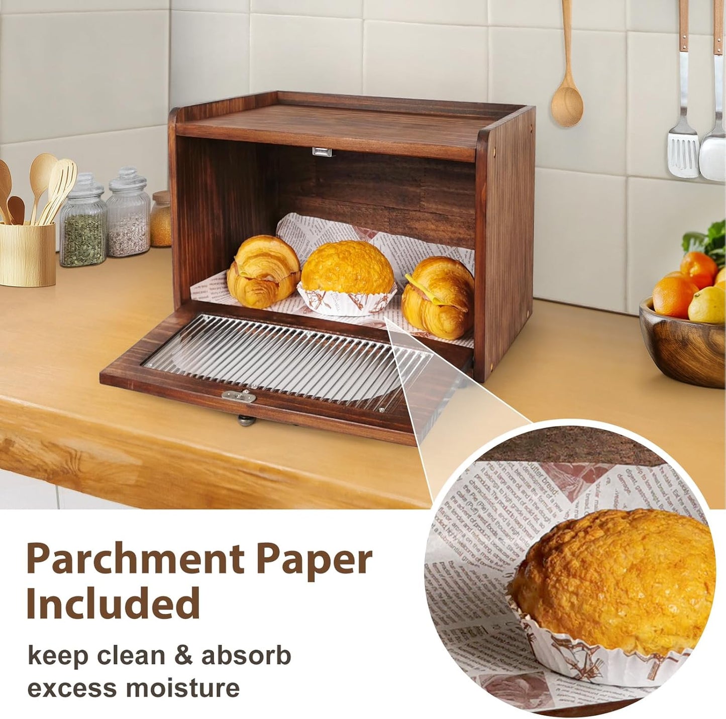 Sunhoo Bread Box for Kitchen Countertop Storage Wooden Breadbox Holder Container Morden Rustic Fresh Bread Keeper Farmhouse Stackable Organizer Bin for Homemade Food Shelf Acrylic Window (Grey)