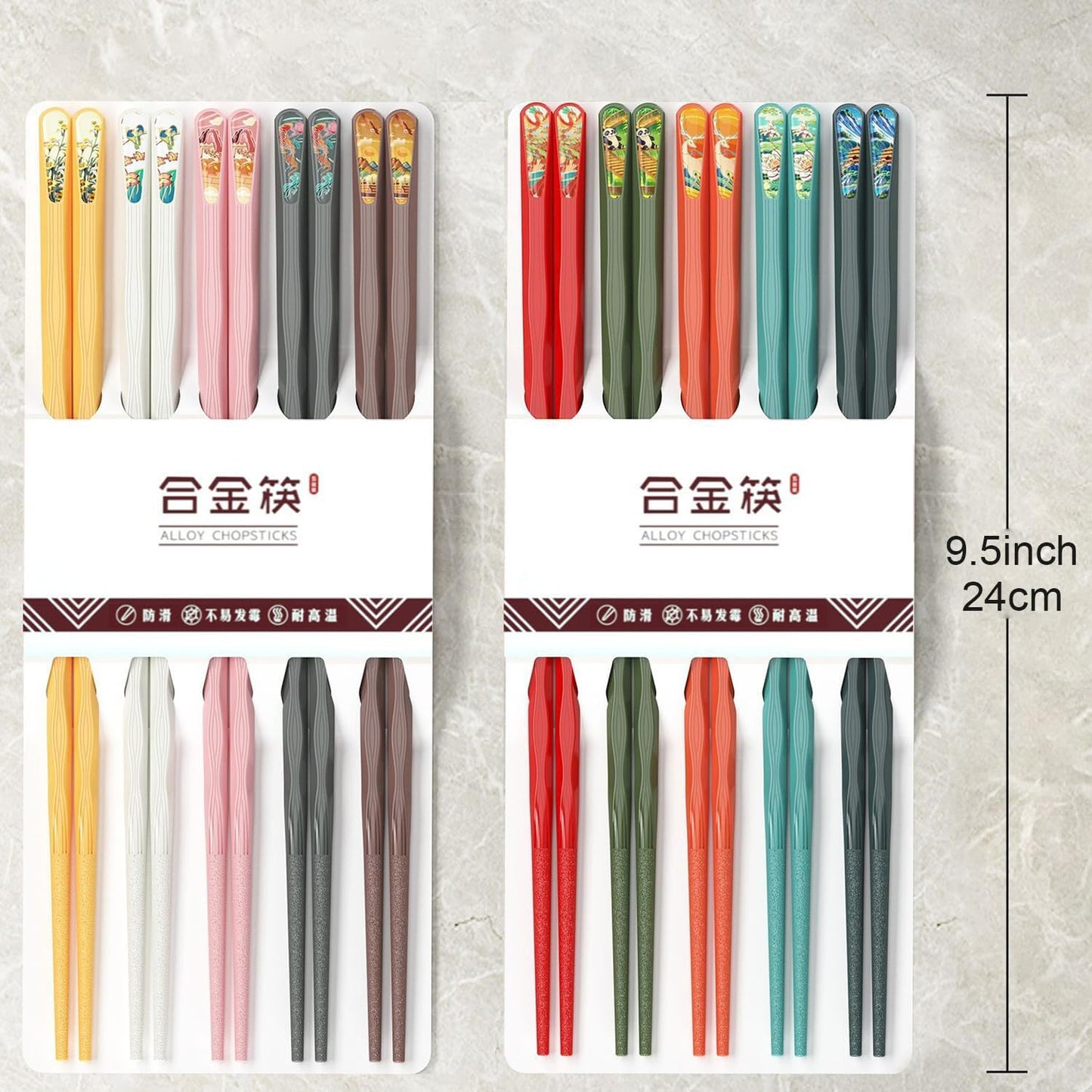 10 Pairs Reusable Chopsticks, 9.5-Inch Dishwasher Safe, Heat-Resistant, Non-Slip, Colorful Chinese Style Chopsticks with Unique Pattern Designs (Wavy)