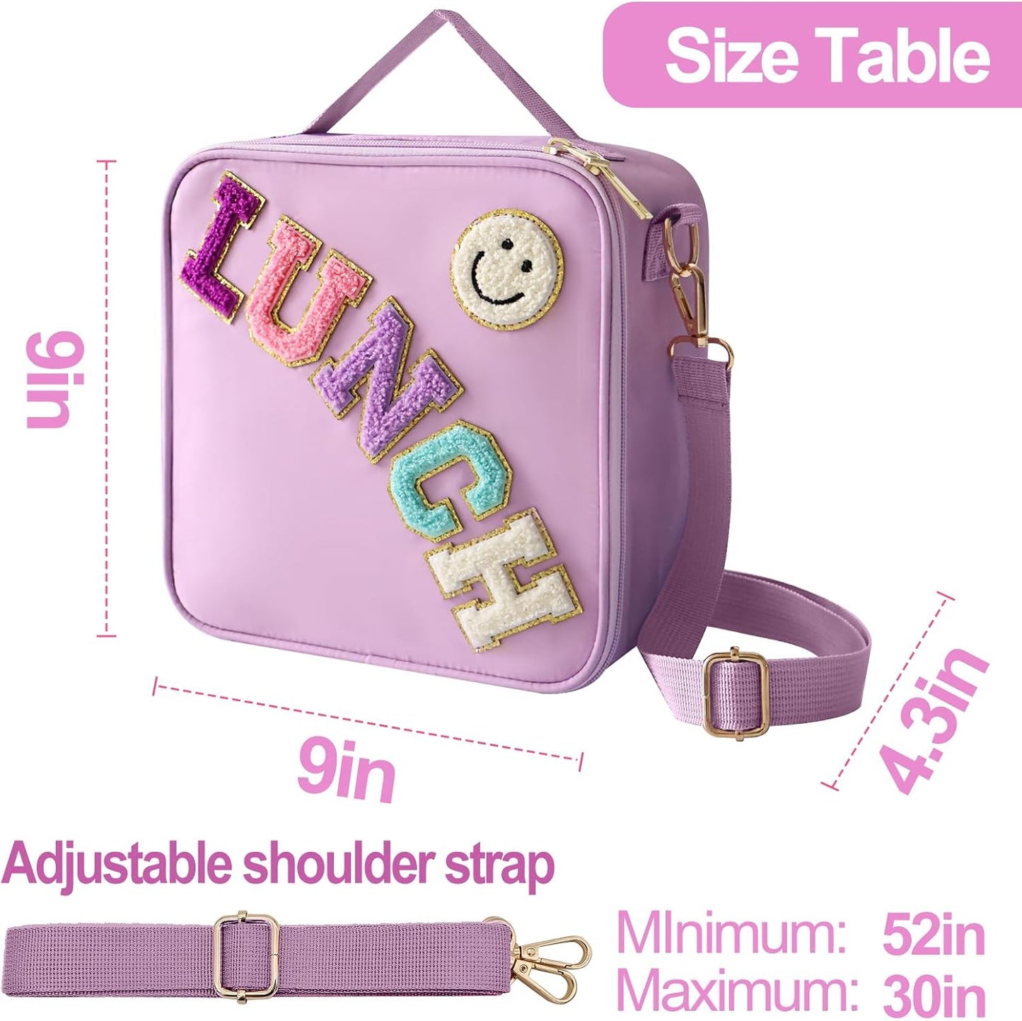 Insulated Lunch Bag With Adjustable Shoulder Strap, Nylon Preppy Lunch Box Large Insulated Lunch Bag Reusable Lunch Tote Bag with Smiley Preppy LunchBag for Girls School Travel Picnic (Purple)
