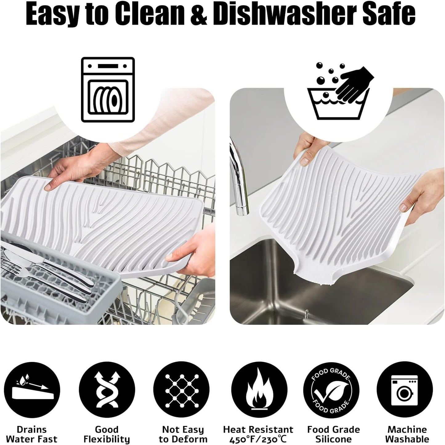 Silicone Dish Drying Mat, Stone Drying Mat for Kitchen Counter with Built-In Drain, Non-Slip Drying Matt Kitchen Counter, Heat Resistant Dish Drying Pad, 1 Pc (19.7" x 17",Ivory)