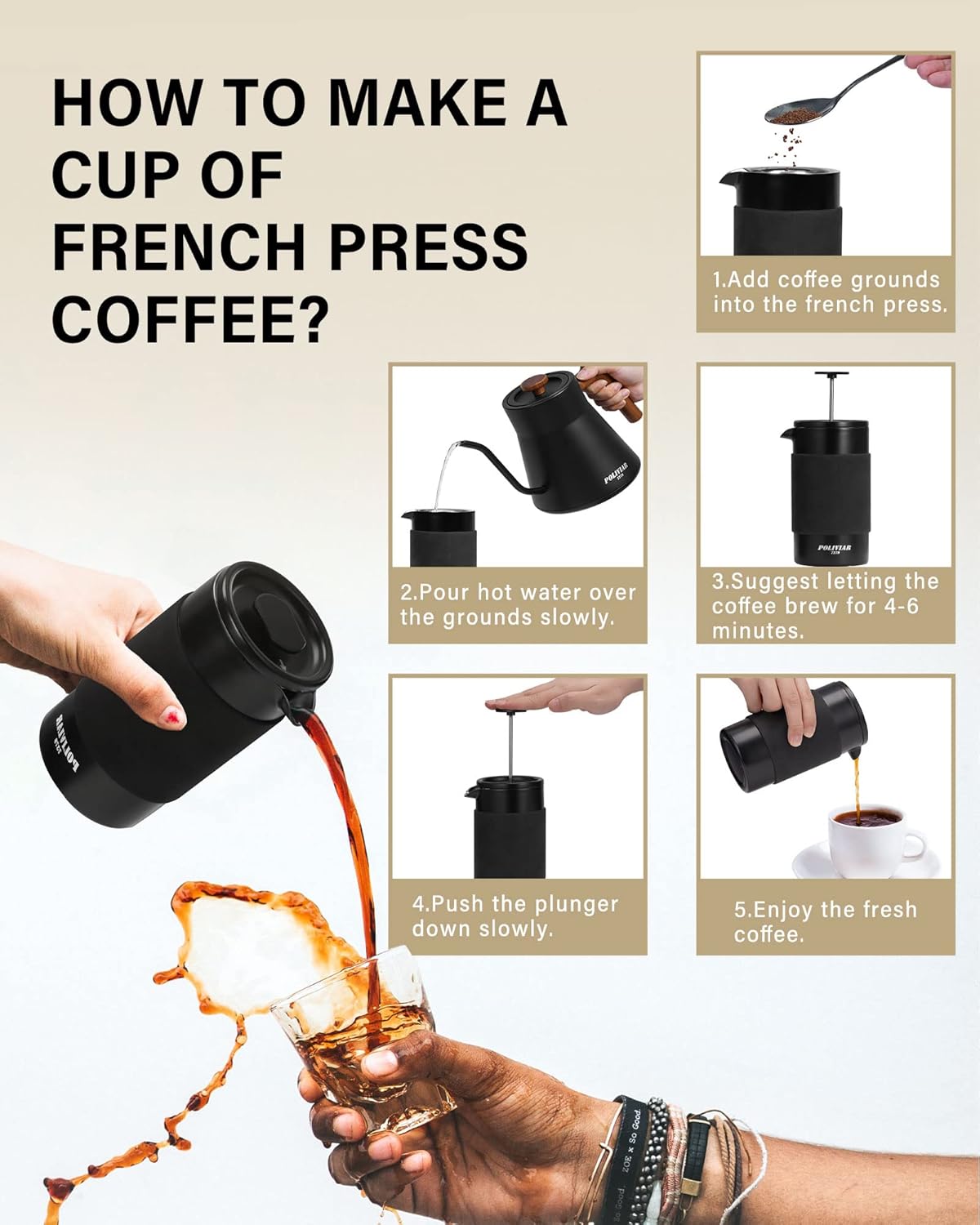 POLIVIAR French Press Coffee Maker, 12 oz Portable French Press with Mini Canister and Collection Bag, Double Wall Insulation & Dual- Filter Screen, Food Grade Stainless Steel for Coffee