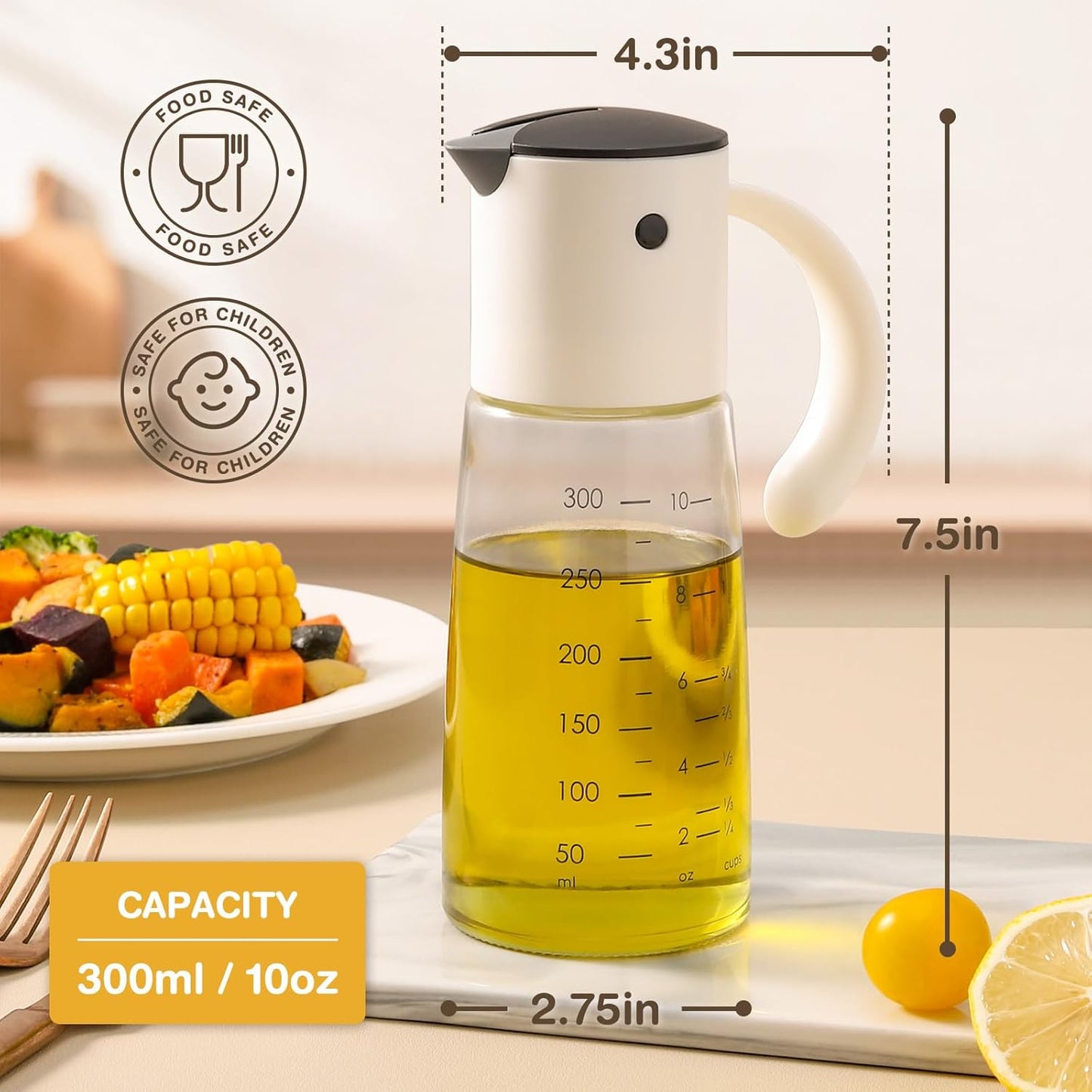 Vucchini Olive Oil Dispenser Bottle for Kitchen Cooking 10 oz - Auto Flip Vinegar Dispenser Container- Leakproof Glass Cruet with Non-Drip Spout Dispenser (white and yellow)
