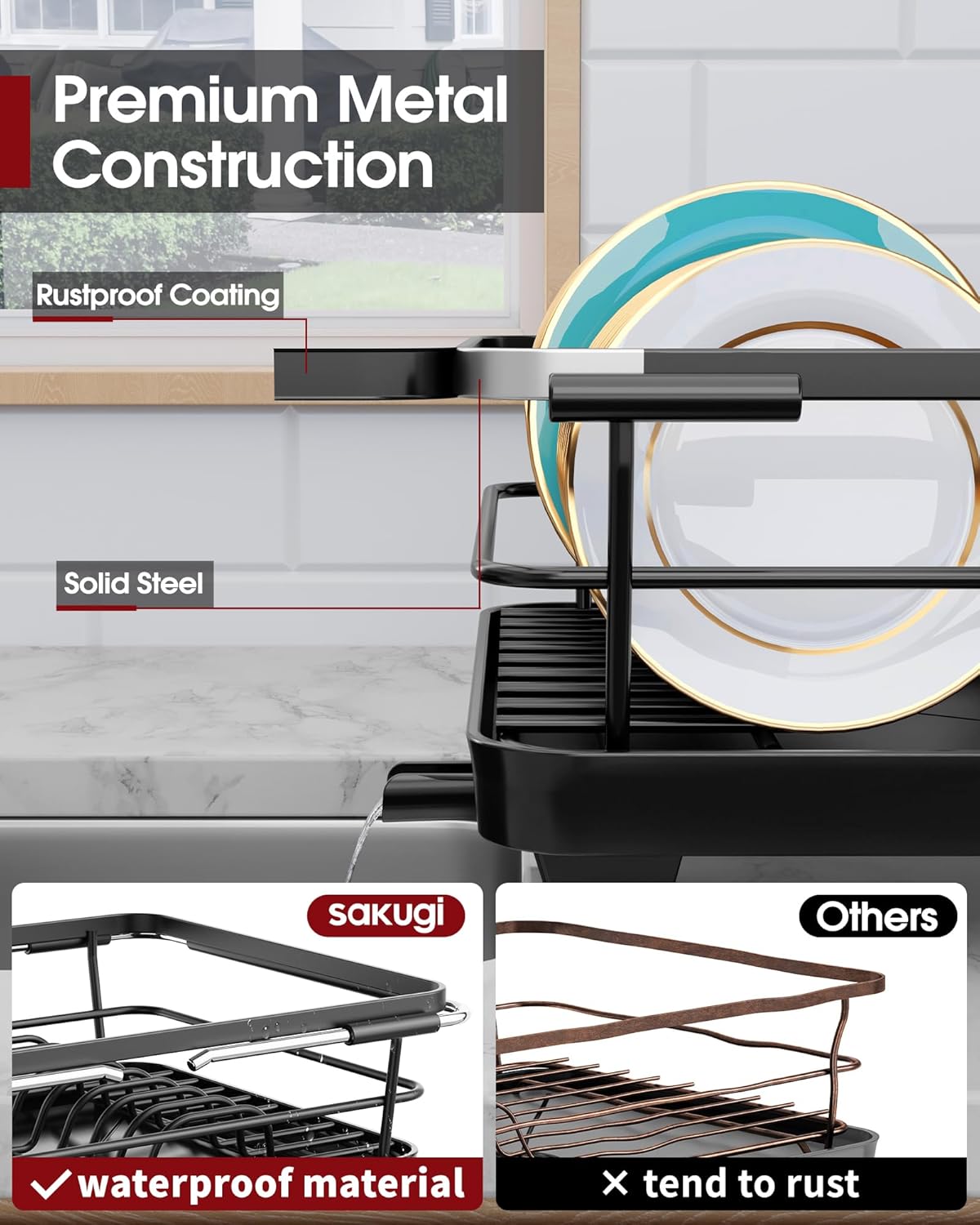 Over Sink Dish Drying Rack with Drain Board, Stainless Steel 2 in 1 Sink Organization and Storage, Dish Drainer for Kitchen Counter, Home and Apartment Essentials, 12" W x 16.1~23" L, Black