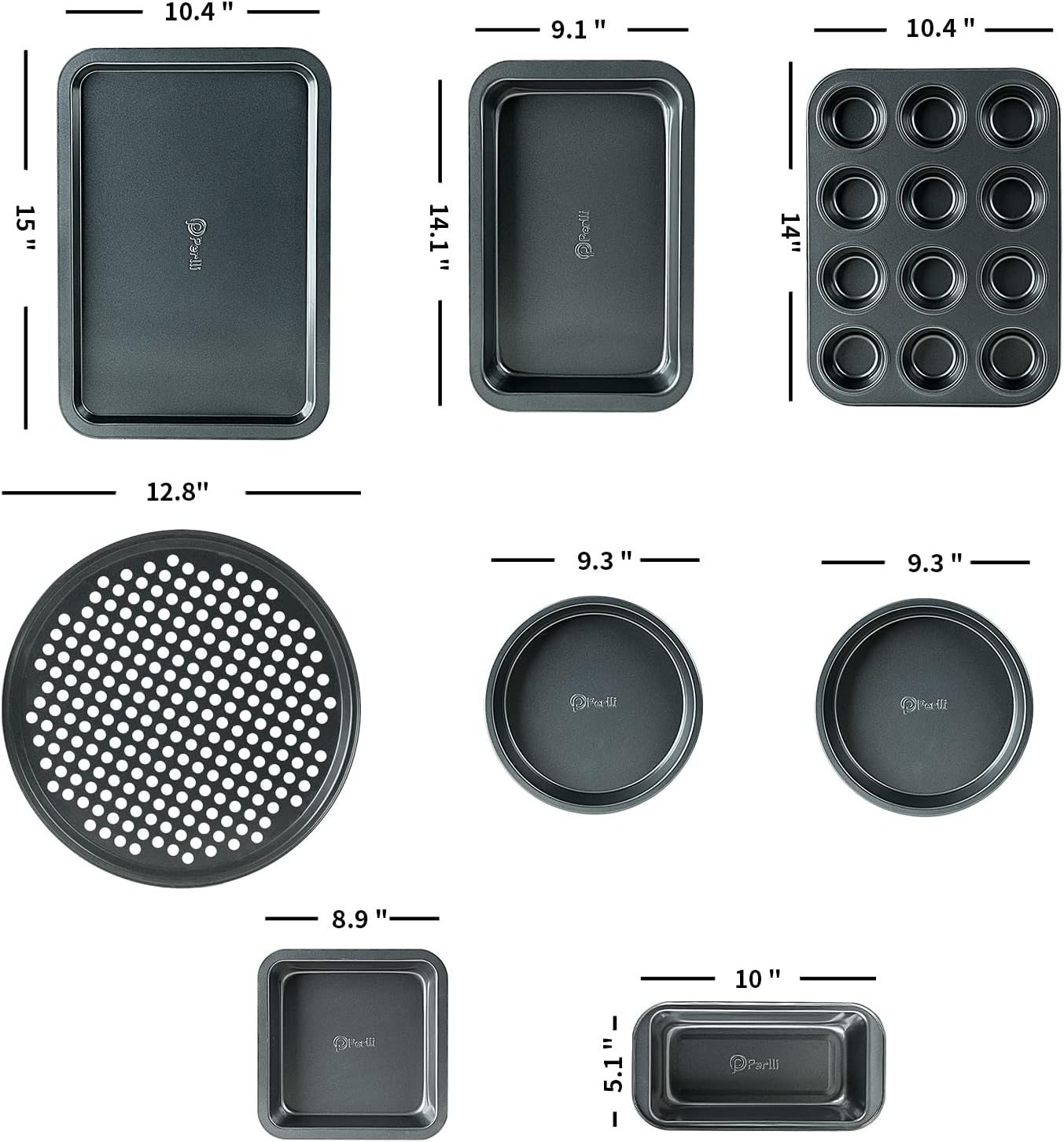 Perlli Baking Pan 8 Piece Set Nonstick Carbon Steel Gray Oven Safe Bakeware Kitchen Set, Cookie Sheet, 2 Round Cake Pans, Square Pan, Loaf Pan, Deep Dish Pan, Pizza Crisper, & 12 Cup Muffin Pan
