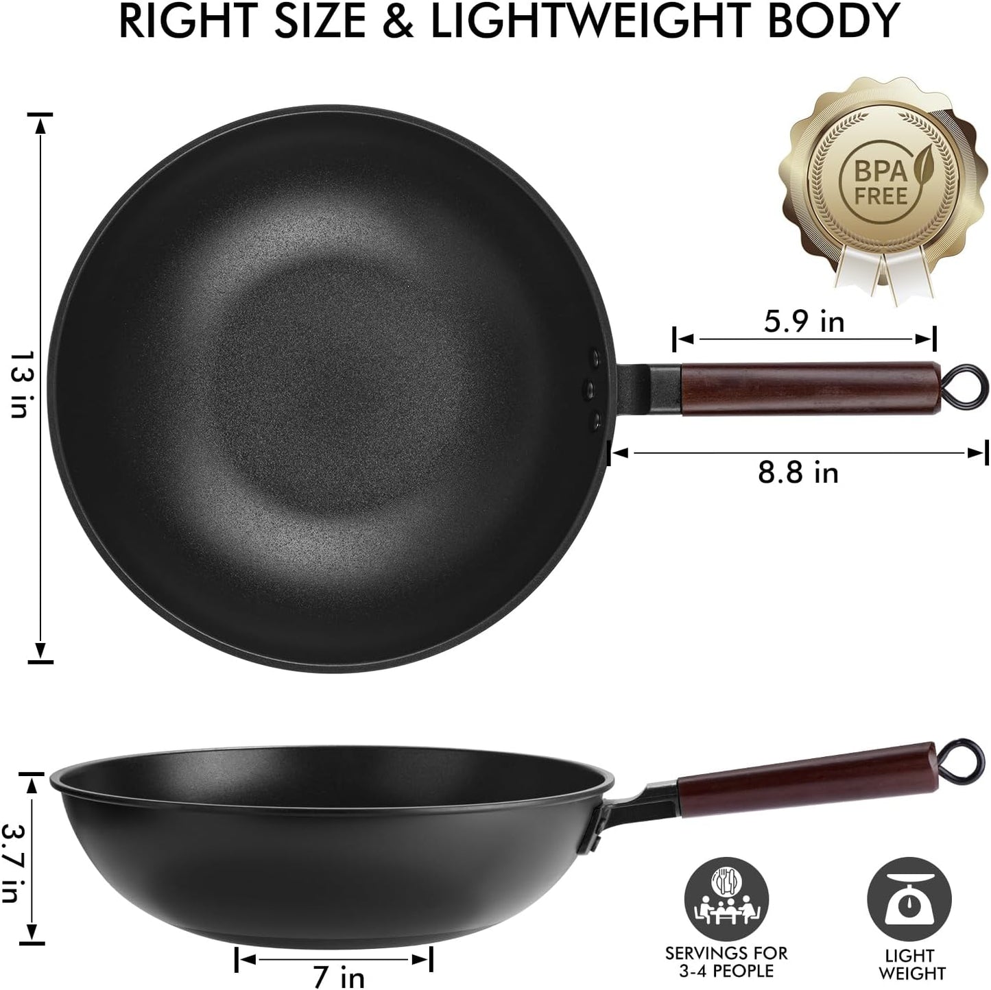 Carbon Steel Wok Pan - 13" Wok Pan with Lid, Woks & Stir-Fry Pans Nonstick with Spatula & Brush, Chinese Wok Flat Bottom Wok for Induction, Electric, Gas, All Stoves