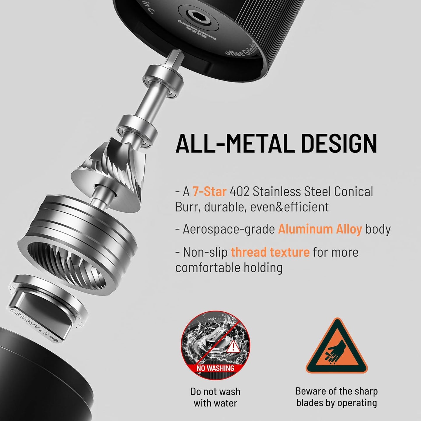 STARESSO Discovery Ⅱ PLUS Portable Electric Coffee Grinder - Low Noise, USB Rechargeable, Adjustable Grind Settings, Easy Cleaning for Espresso, French Press, Pour-Over, Cold Brew