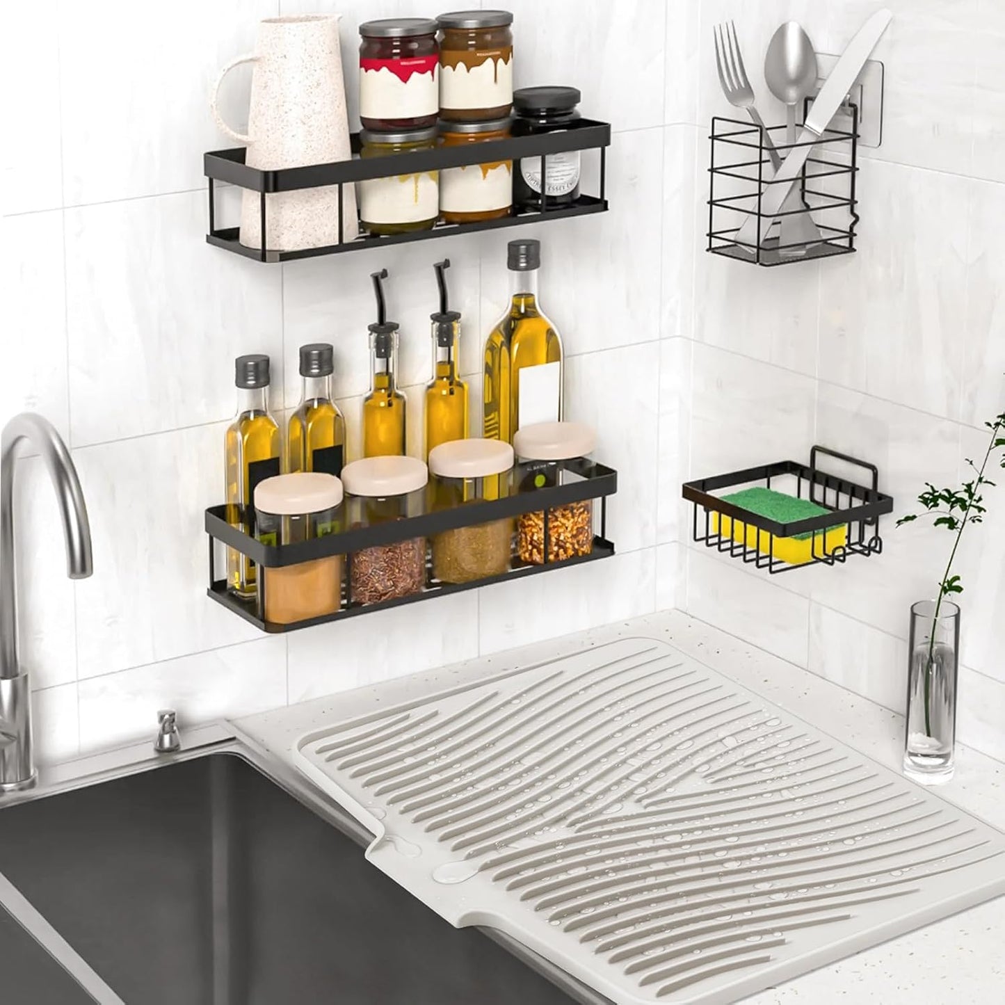 Dish Drying Mat, Stone Drying Mat for Kitchen Counter with Built-in Drain, Non-Slip Drying Matt Kitchen Counter, Heat Resistant Silicone Drying Mat, Dish Drying Pad, 2 Pcs (Cream 19.7" x 17")