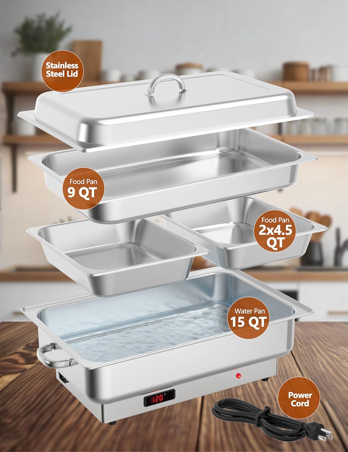 Electric Chafing Dish Buffet Set, 9QT Buffet Servers and Warmers Stainless Steel, Commercial Food Warmer with 1 Full-Size Pan & 2 Half-Size Pan, Temperature Control Display for Parties, Catering