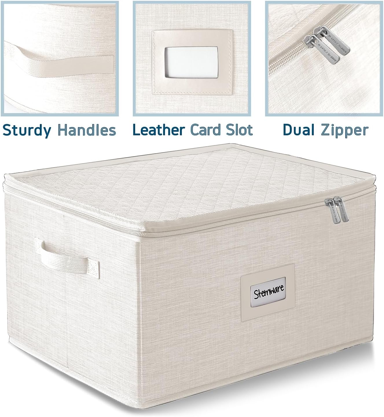 Hearth & Harbor Wine Glass Storage Box with Dividers, Quilted and Stackable Stemware Storage Cases, Service of 12 Glass China Container Hard Shell for Moving and Organization, Cream