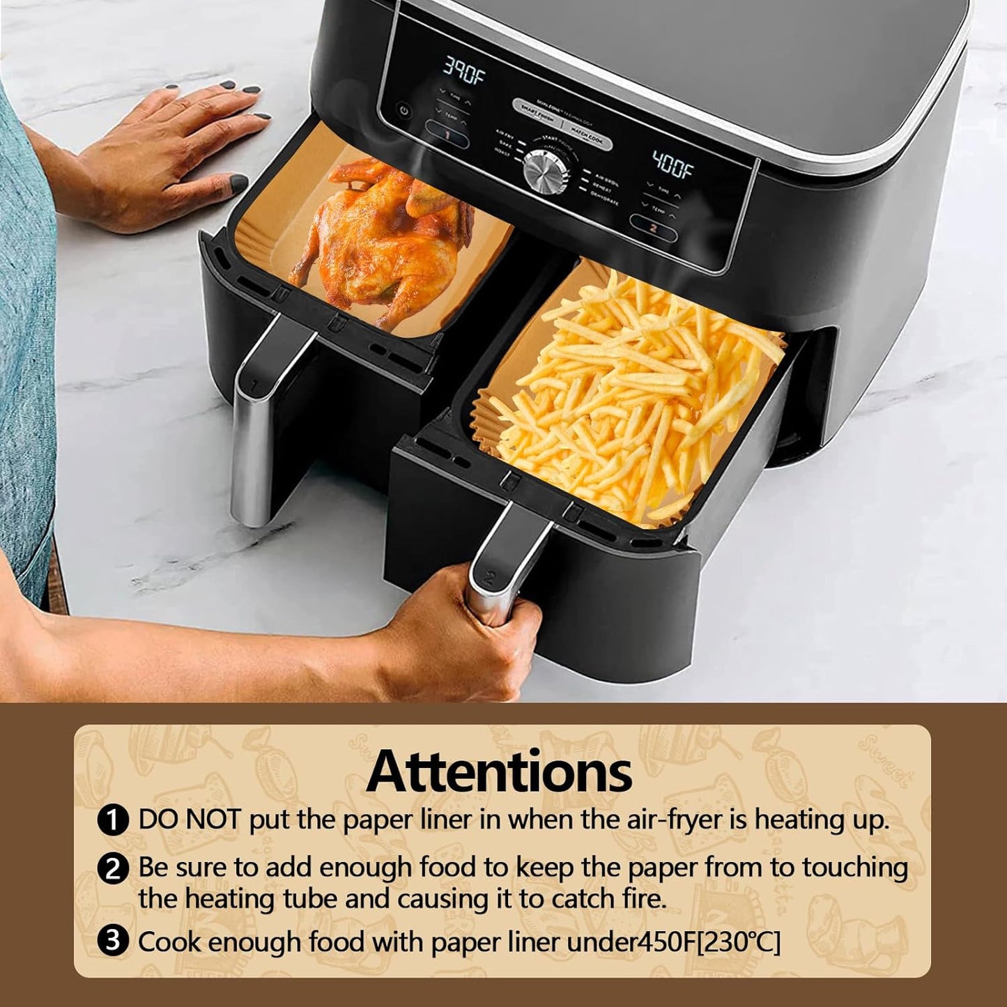 UBeesize Air Fryer Paper Liners Disposable For Ninja, 200 PCS Non Stick Parchment Paper For Ninja DZ201/DZ401 Dual, Oil Proof, Water Proof Food Grade Air Fryer Accessoriess(Rectangle - 8.6"X5.5")