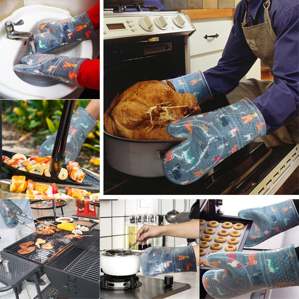 Oven Mitts Set of 2 with Transparent Clear Silicone Shell and Nice Dog Printing Cotton Lining, Heat Resistant to 500 F Kitchen Oven Gloves Pot Holder for Cooking (Gray)