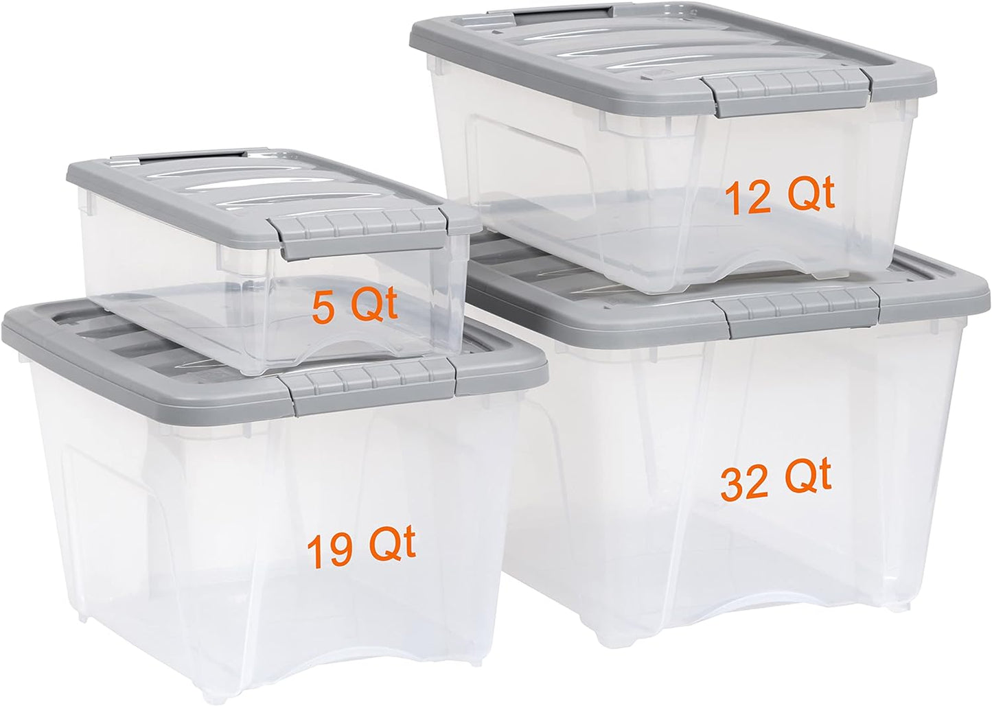 Amazon Basics Plastic Storage Containers with Secure Latching Lids, Stackable Organization Bins, Clear/Grey, 19 Quart, Set of 6