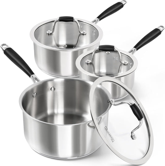 MICHELANGELO Triply Stainless Steel Saucepan with Lid 6 Pcs, Stainless Steel Sauce Pan with Bakelite Handle, Multipurpose Saucepans Set for Kitchen Cooking, Induction Compatible - 1QT & 2QT & 3QT