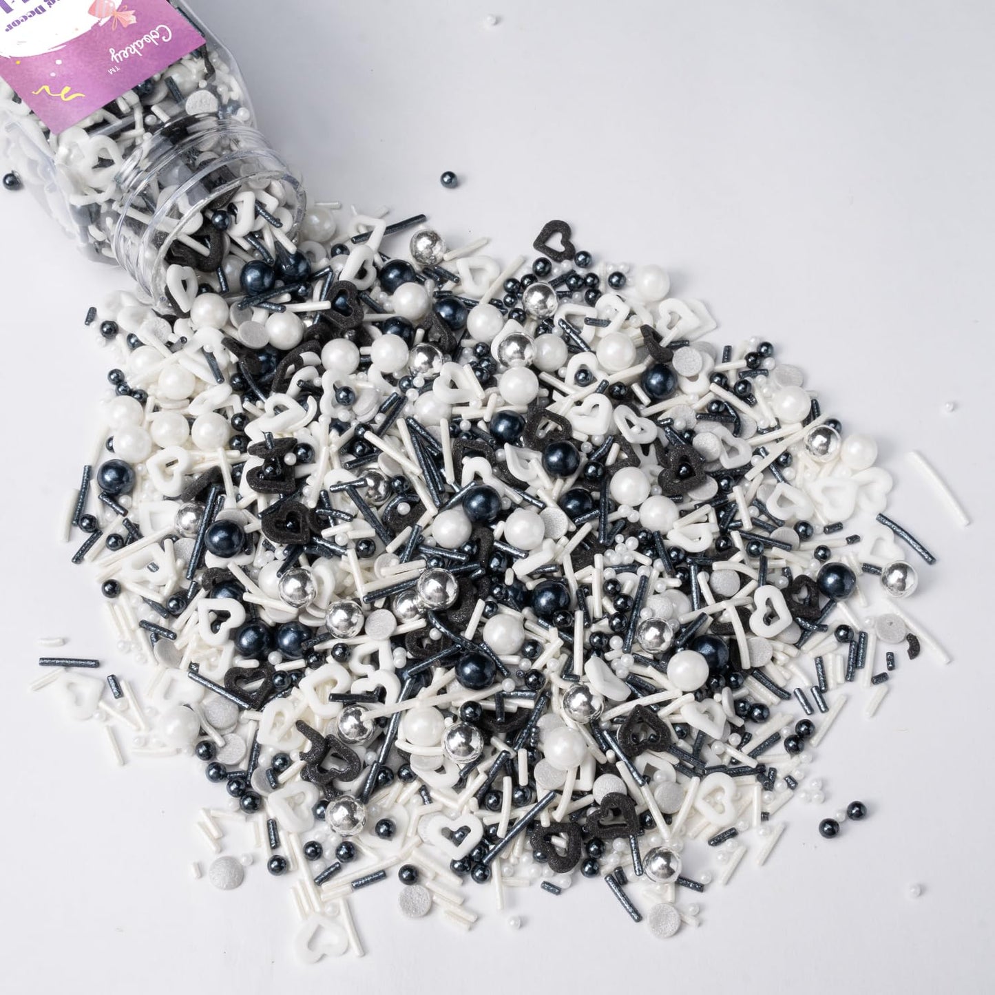 Black and White Heart Sprinkles for Cake Decorating 4.23ounce - Sugar Mix Contains Heart & Silver Pearl Sprinkles for Cupcake Toppers, Ice Cream, Candy, Cookie Decorations - Holiday Party Supplies